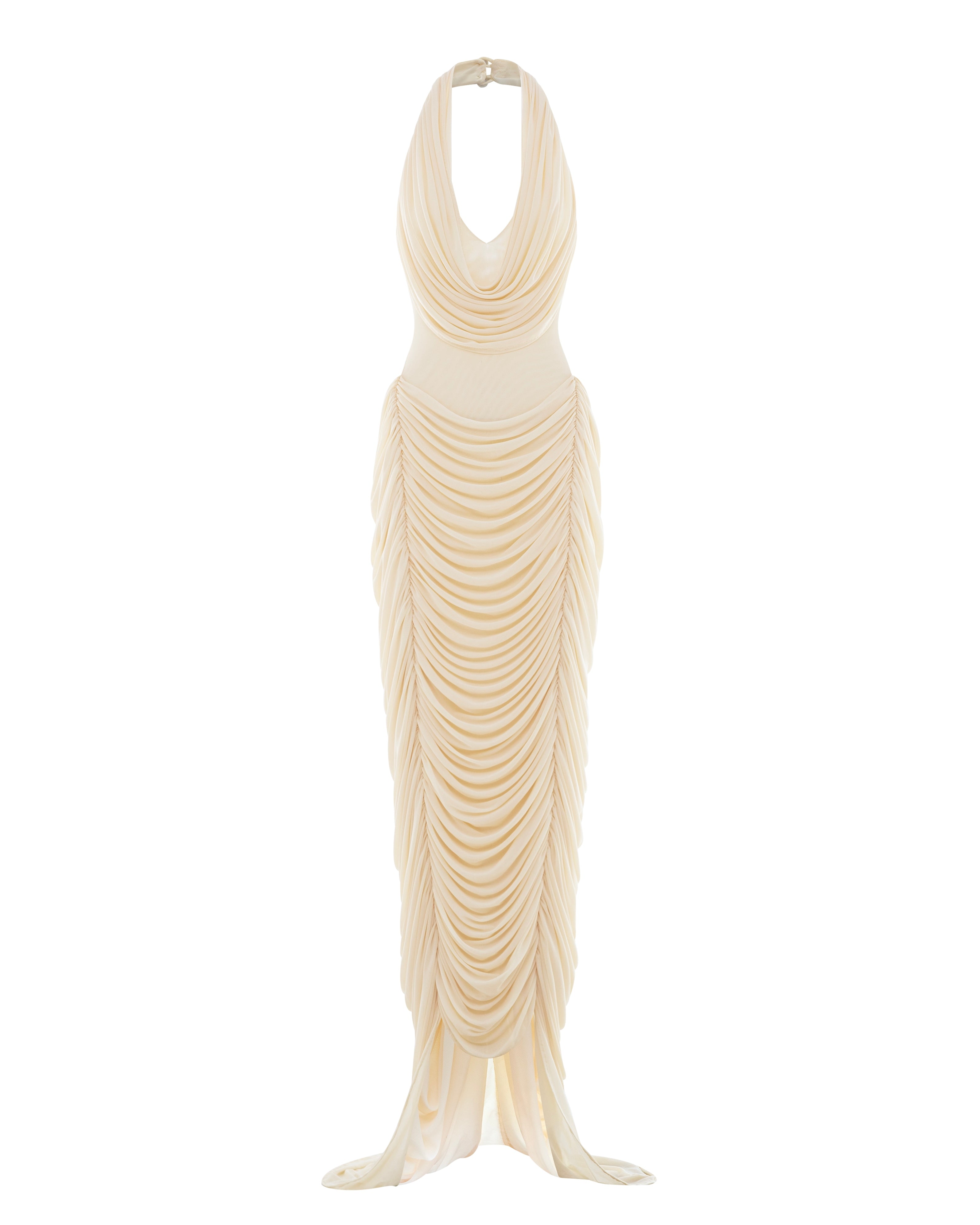 Draped Halter Mermaid Mesh Dress