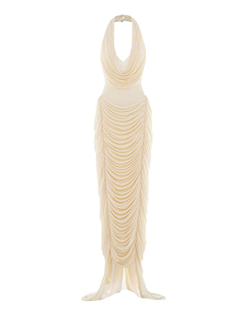 Draped Halter Mermaid Mesh Dress