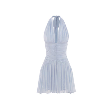 Ruched Stretch Mesh Mini Dress With Neck Bow