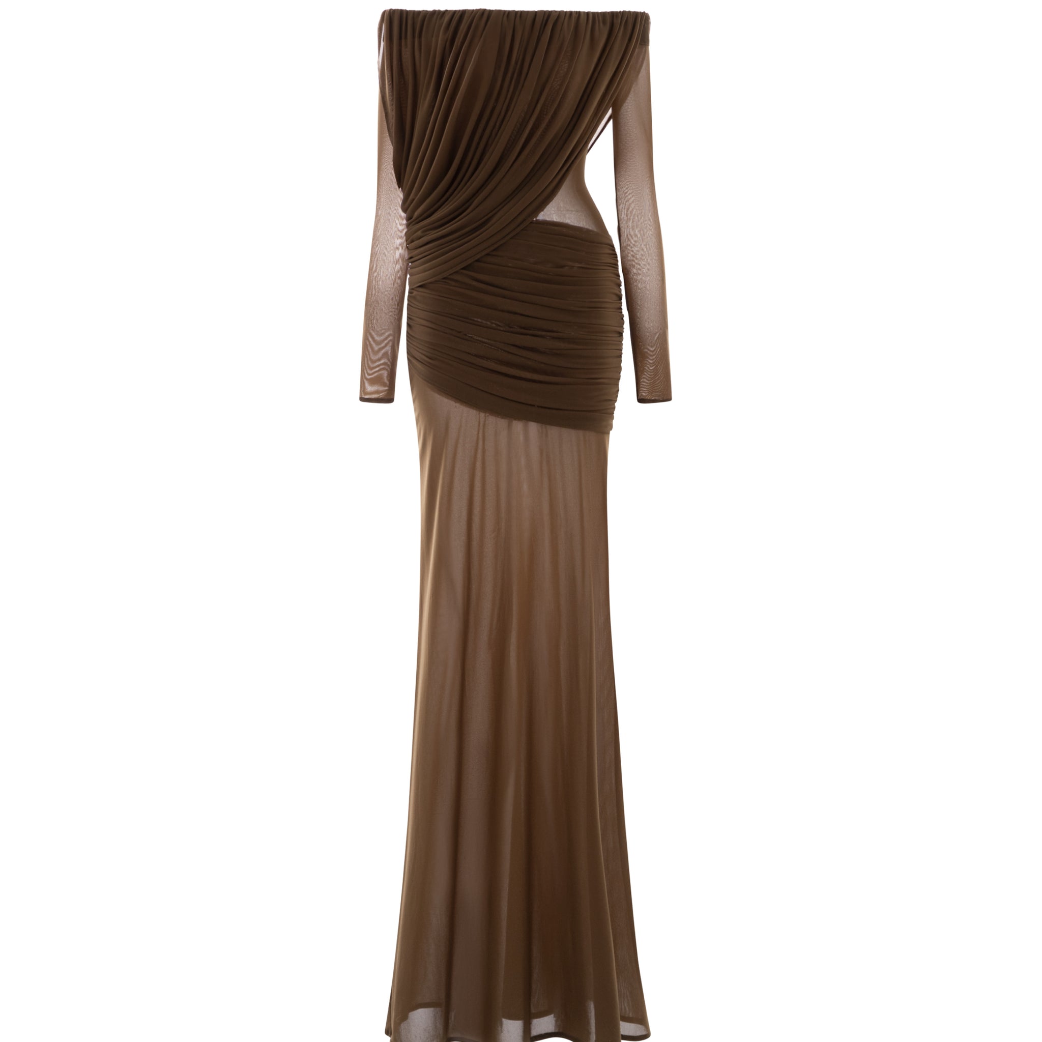 Off-Shoulder Draped Mesh Dress