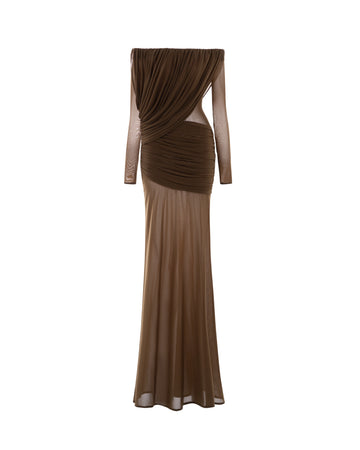 Off-Shoulder Draped Mesh Dress
