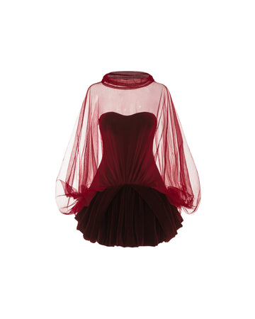 Red Velvet Panelled Cape Dress