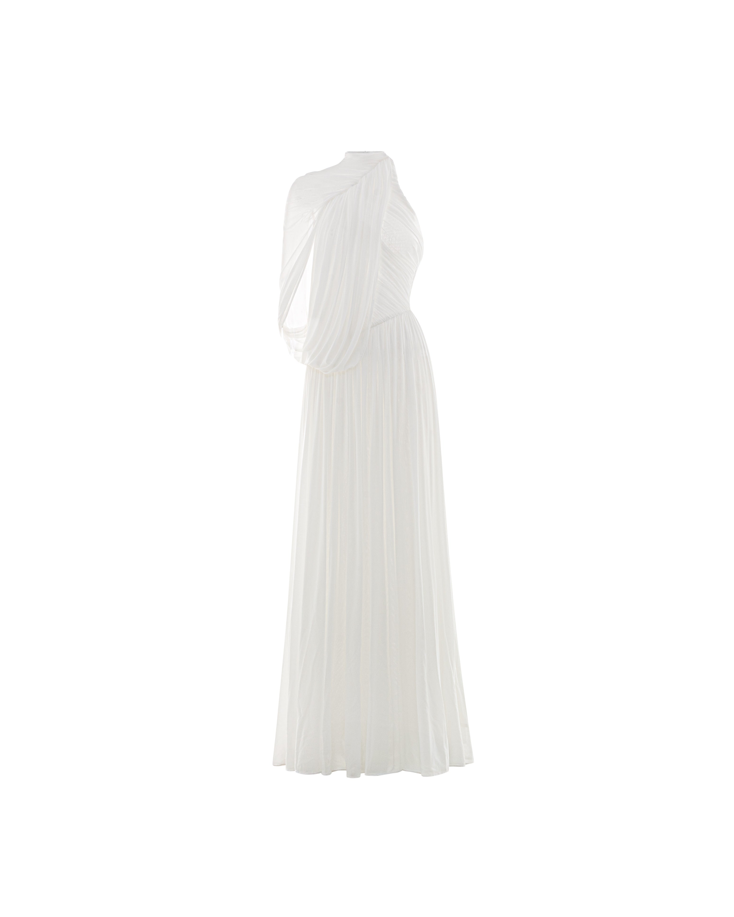 One-Shoulder Cape Ruched Flared Dress White / L One-Shoulder Cape Ruched Flared Dress White / L