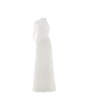 One-Shoulder Cape Ruched Flared Dress