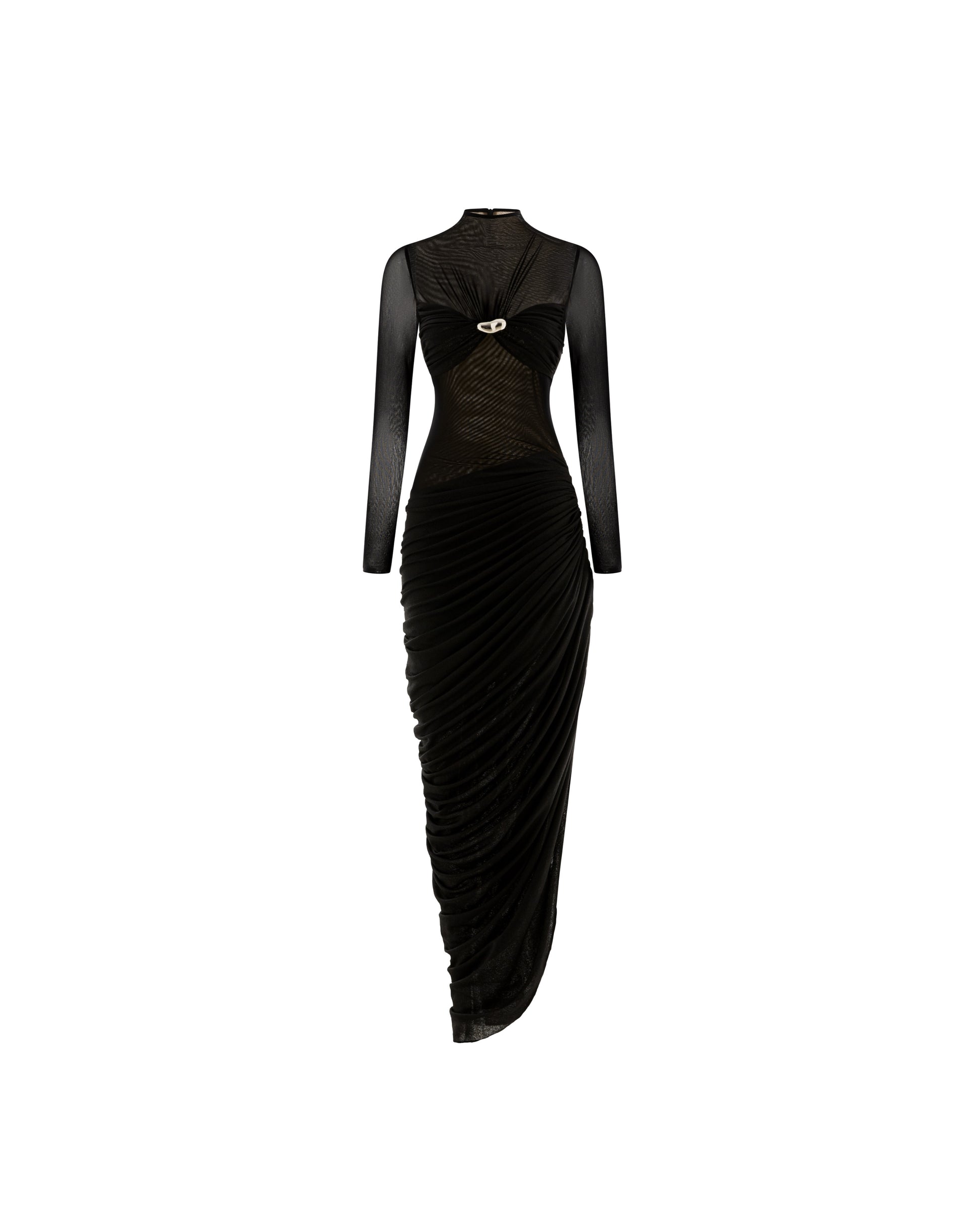 Long-Sleeve Ruched Bust Asymmetric Dress Black / M Long-Sleeve Ruched Bust Asymmetric Dress Black / M