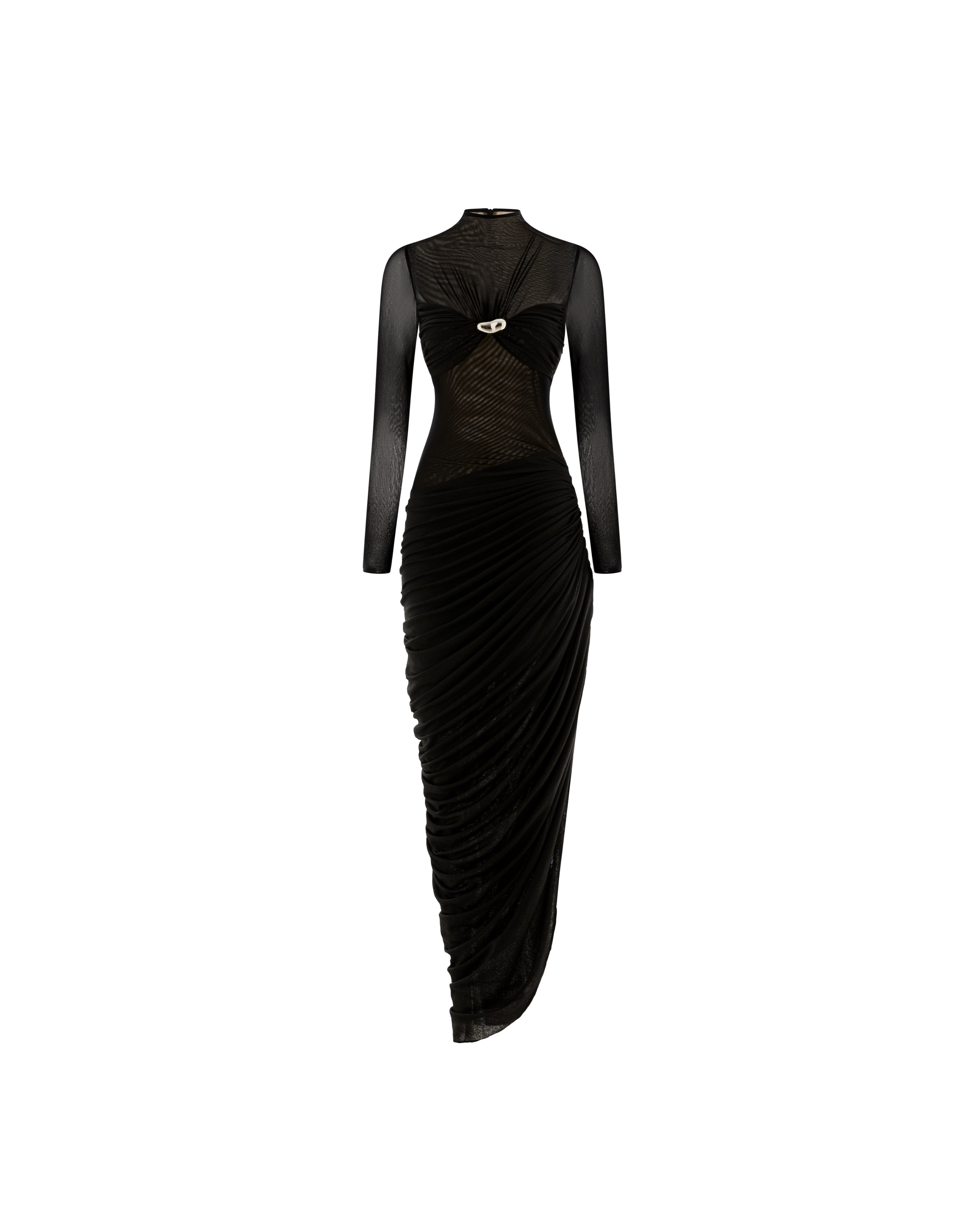 Long-Sleeve Ruched Bust Asymmetric Dress