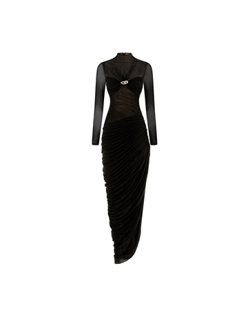 Long-Sleeve Ruched Bust Asymmetric Dress