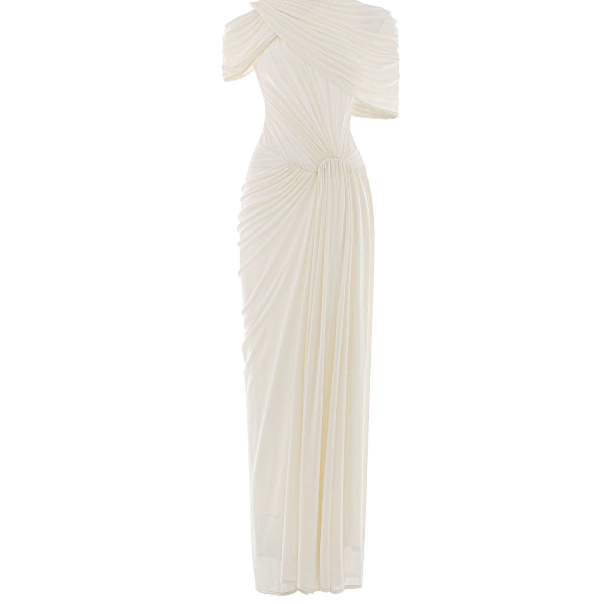 (PRE-ORDER) Draped Mesh Ruched Shoulder-Wrap Dress