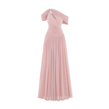 Draped Off-Shoulder Stretch Mesh Dress