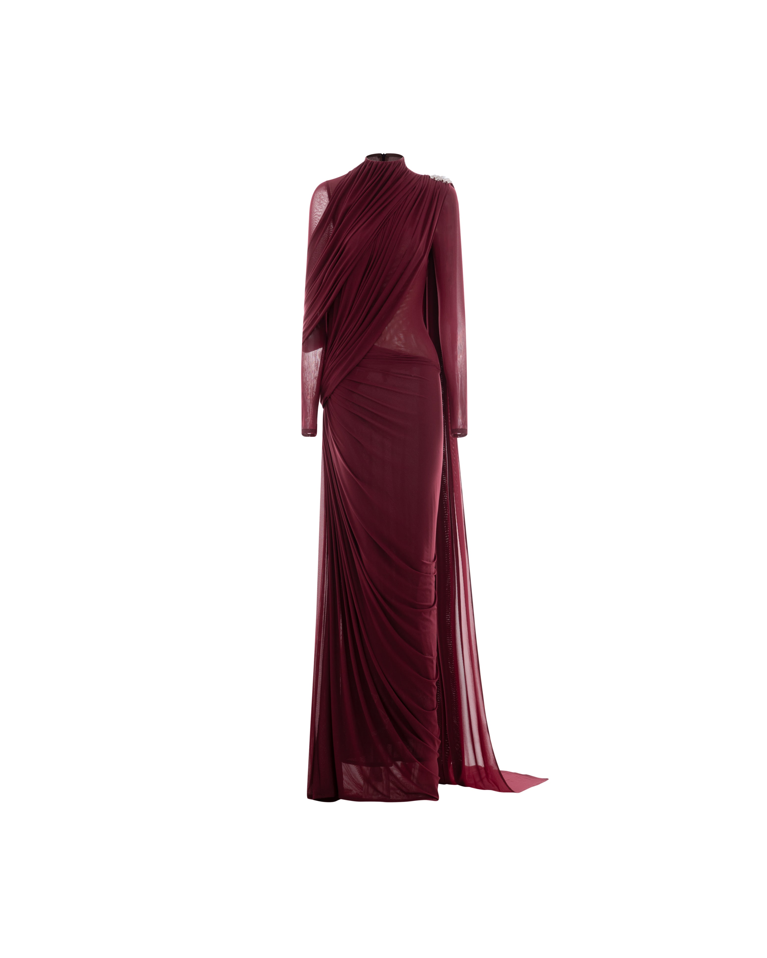 High-Neck Draped Pleated Dress With Asymmetric Ruched Long Drape