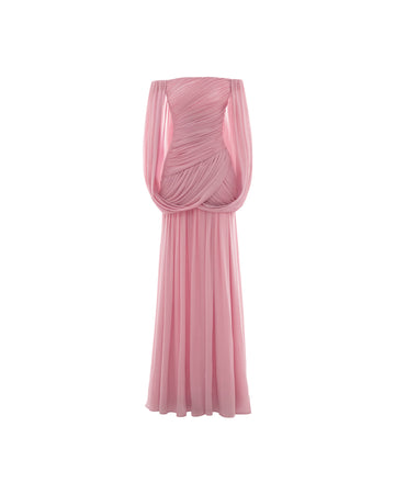 pink ruched off the shoulder dress ASOS DESIGN mesh asymmetric neck off shoulder ruched maxi dress in light pink