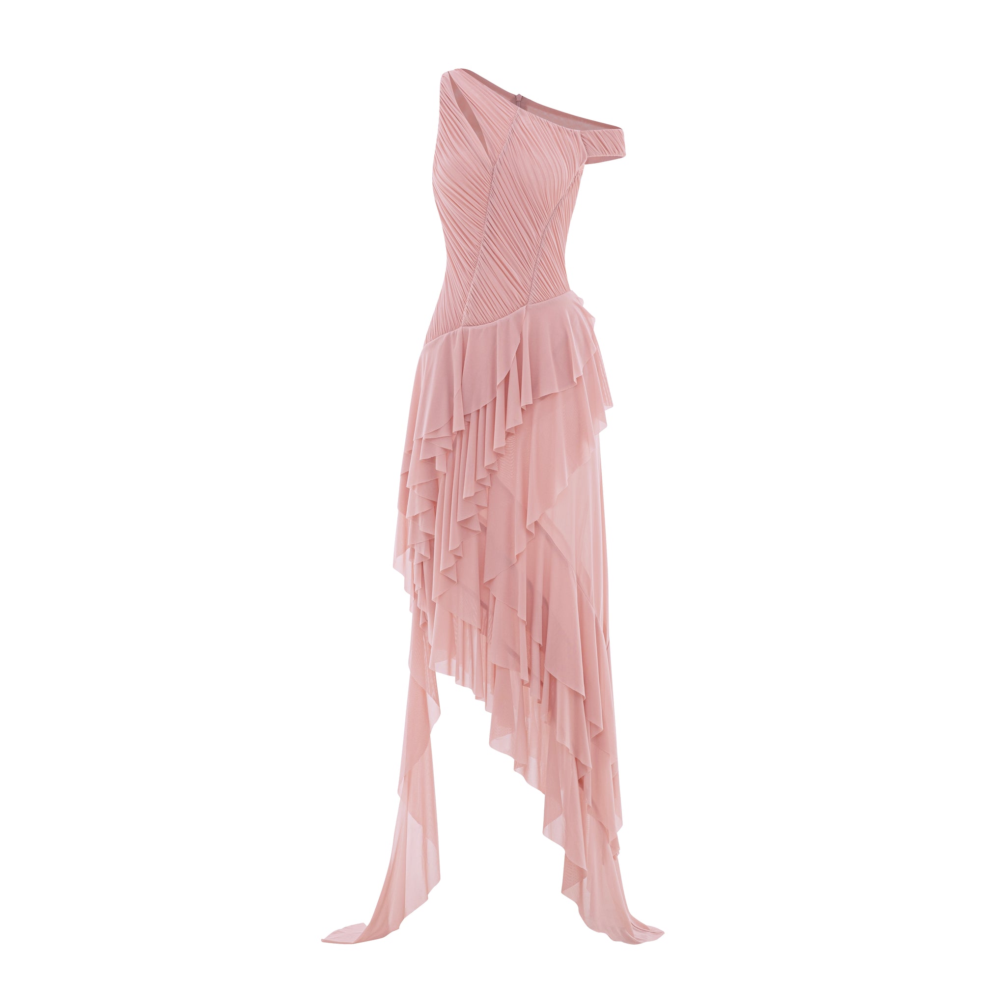 one shoulder pink ruffle dress One-Shoulder Stretch Mesh Asymmetric – MOLLYNISTA YGroup_15041694466413 THML Tie Waist Puff The lace COLOR:Mid Brown Suede