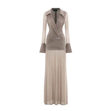 Long-Sleeve Mesh Shirt Dress with Cross-Front Pleats