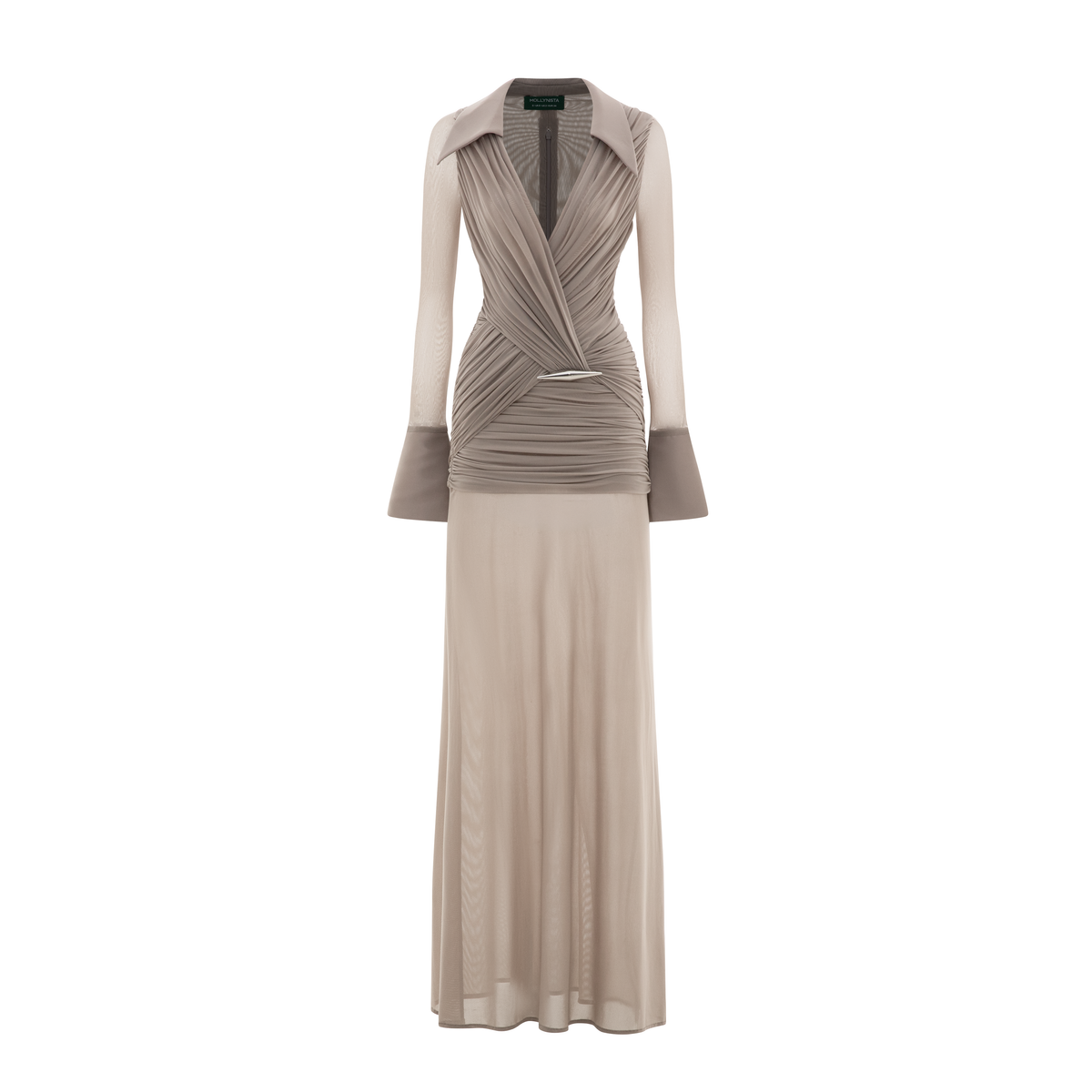 Long-Sleeve Mesh Shirt Dress with Cross-Front Pleats