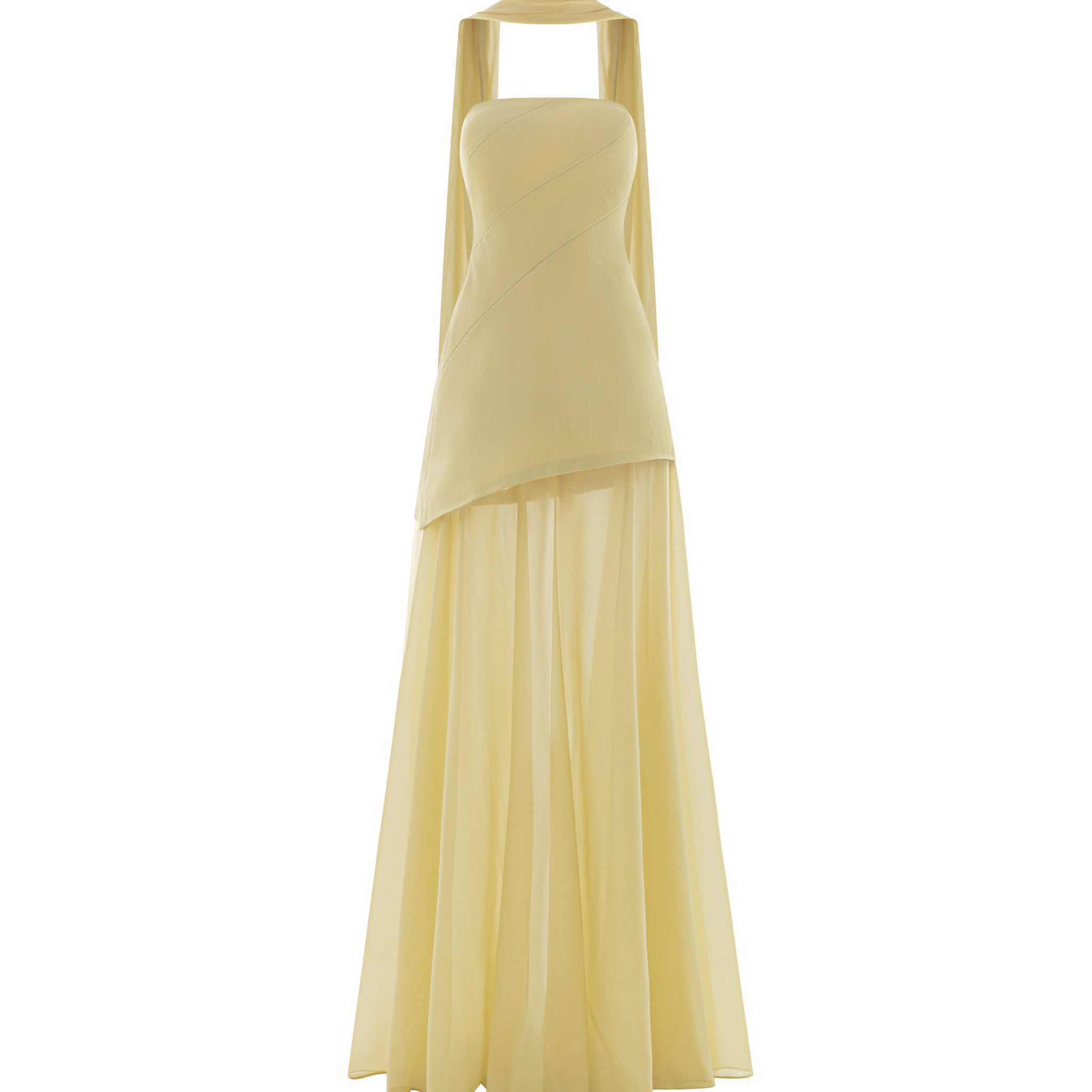 Yellow Strapless Organza Train Dress