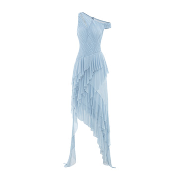 One-Shoulder Stretch Mesh Asymmetric Ruffle Dress