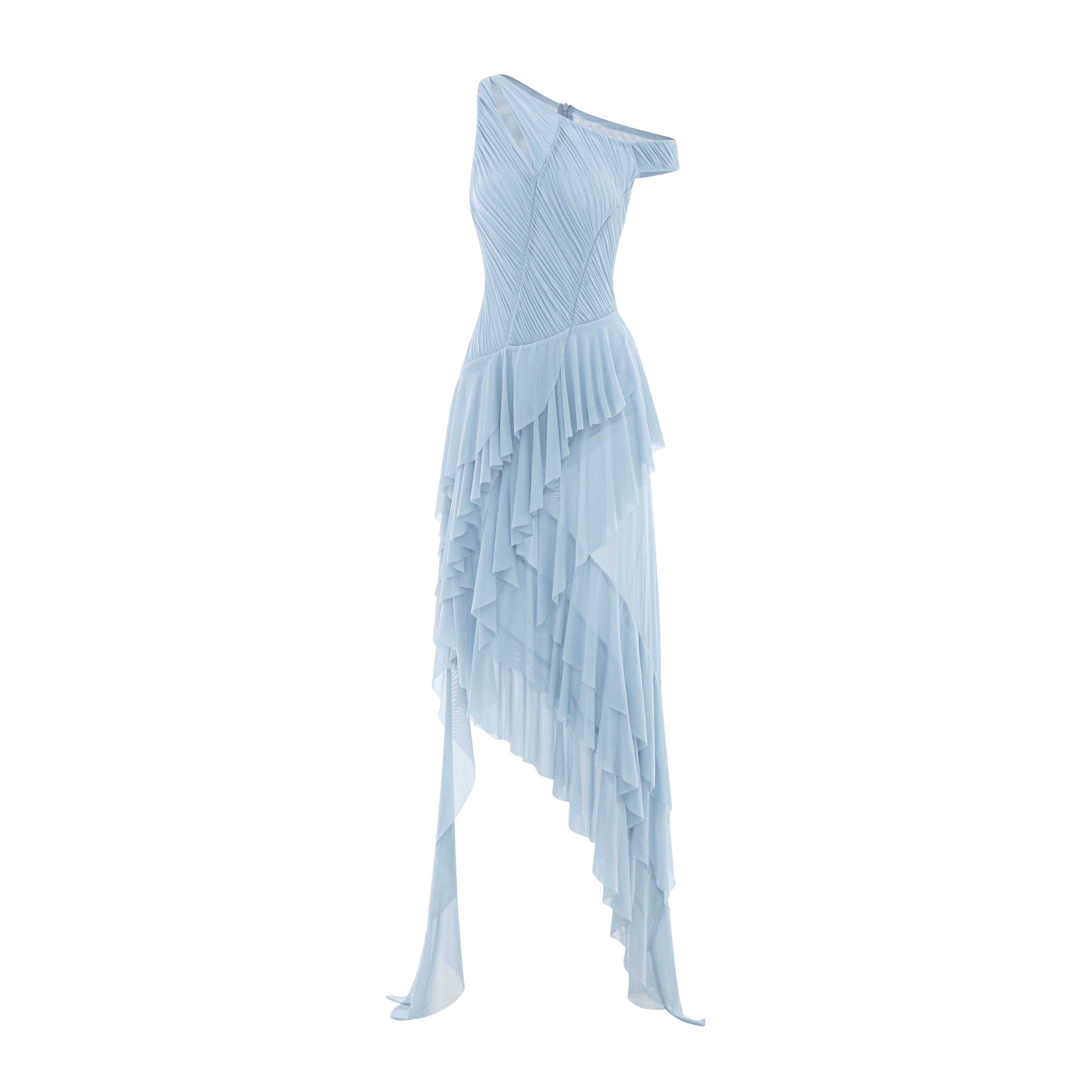 One-Shoulder Stretch Mesh Asymmetric Ruffle Dress