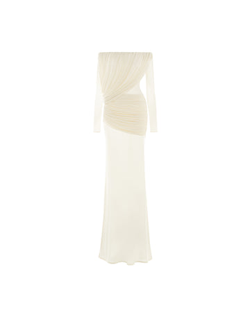 Off-Shoulder Draped Mesh Dress