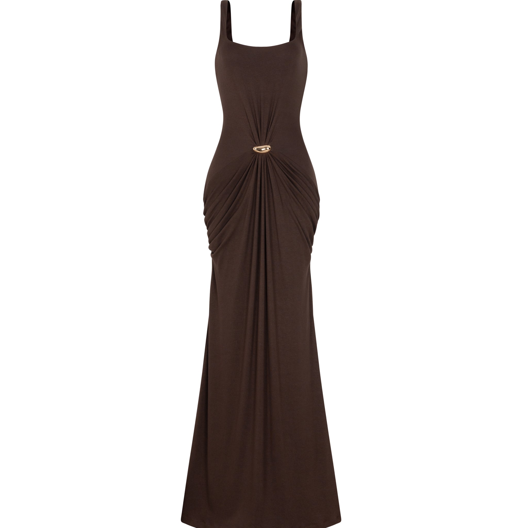 Brown Ruched Knit Dress With Gold Button