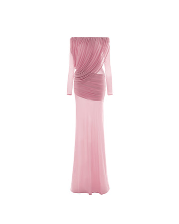 pink mesh dressing gown Off-Shoulder Draped Mesh Dress Brown / M