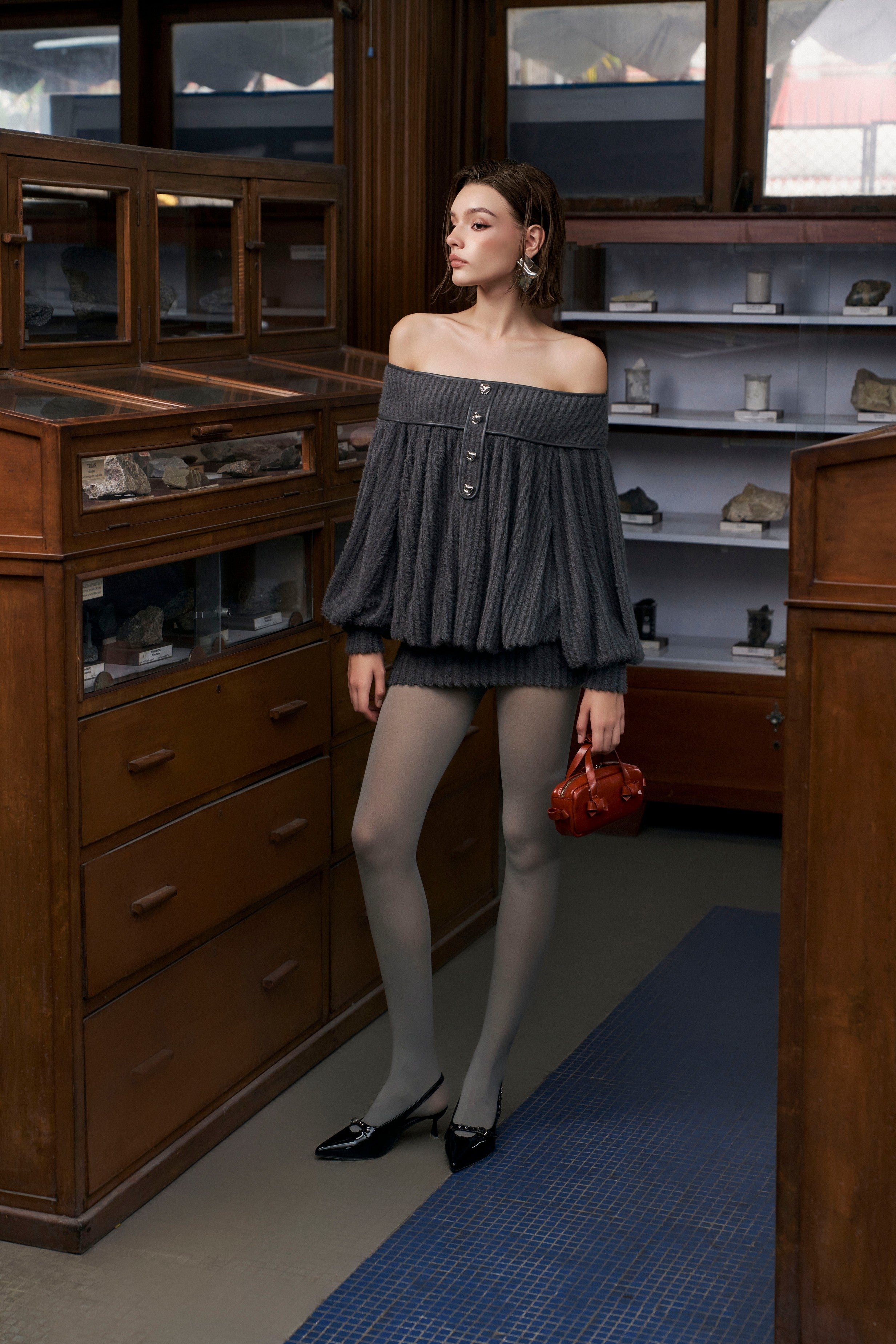 Gray Faux Fur Off Shoulder Dress
