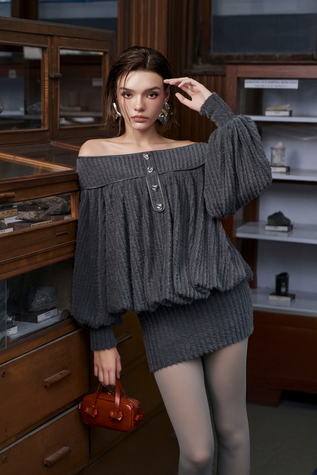 Gray Faux Fur Off Shoulder Dress