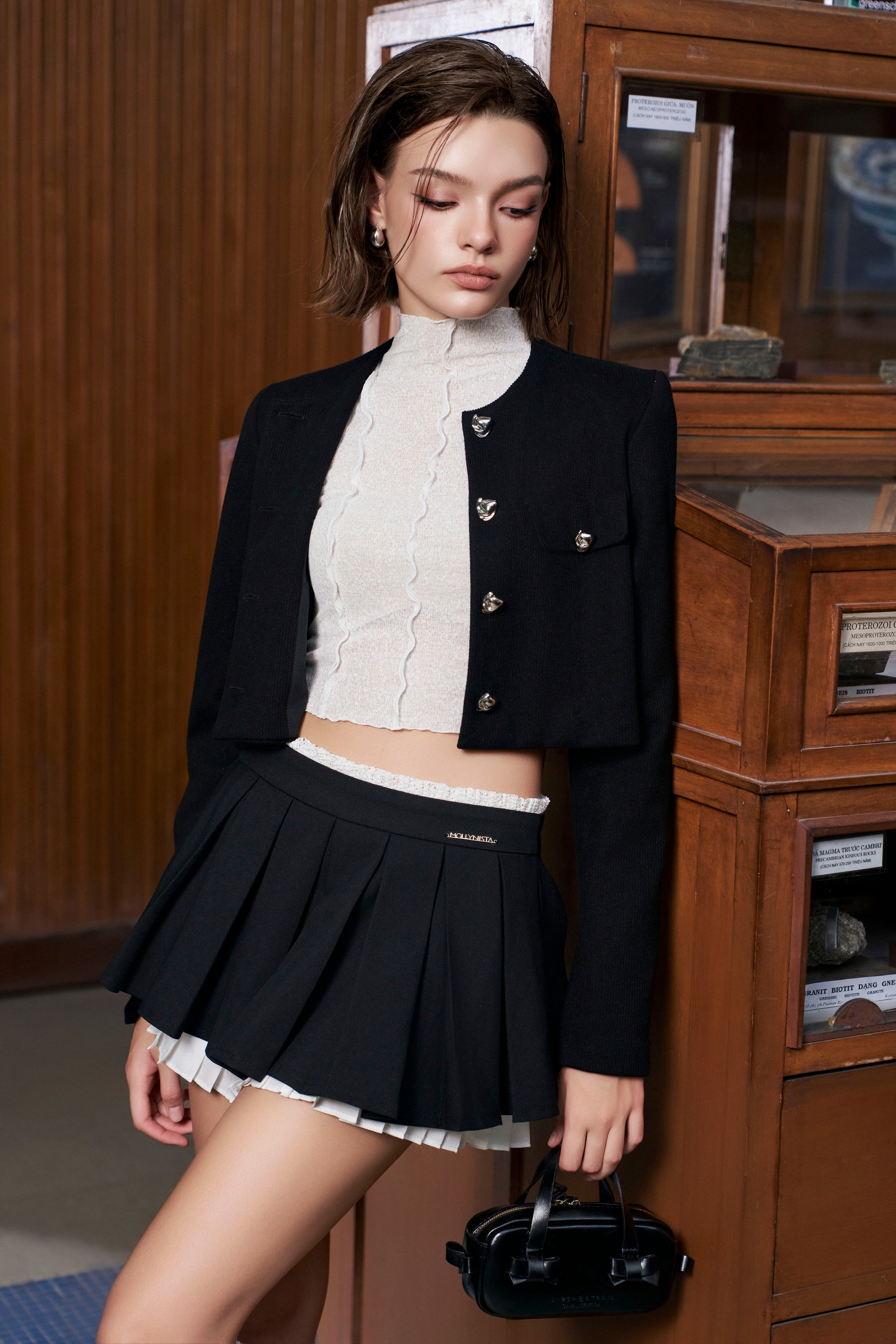 Khaki Lace Pleated Skirt