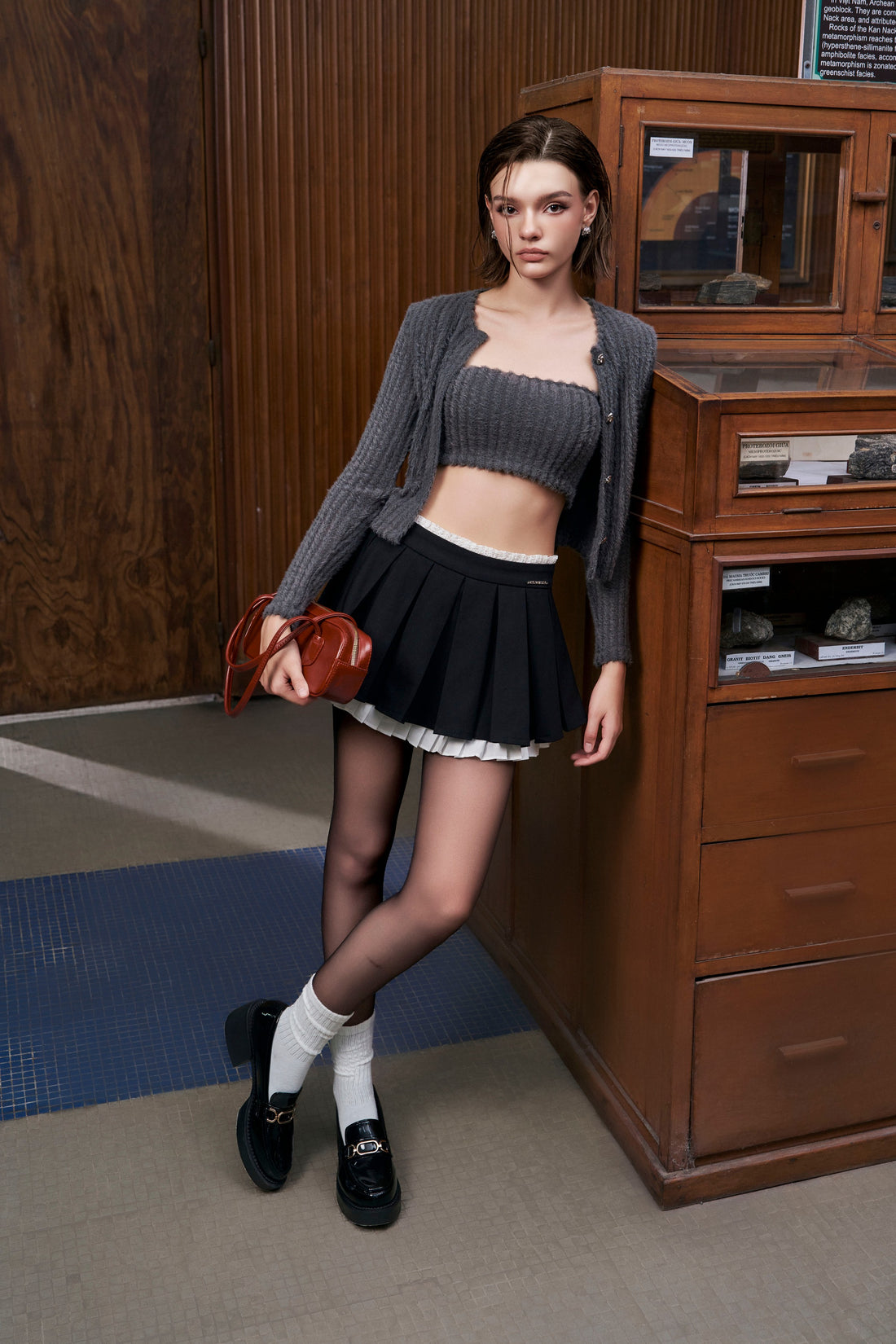 Khaki Lace Pleated Skirt