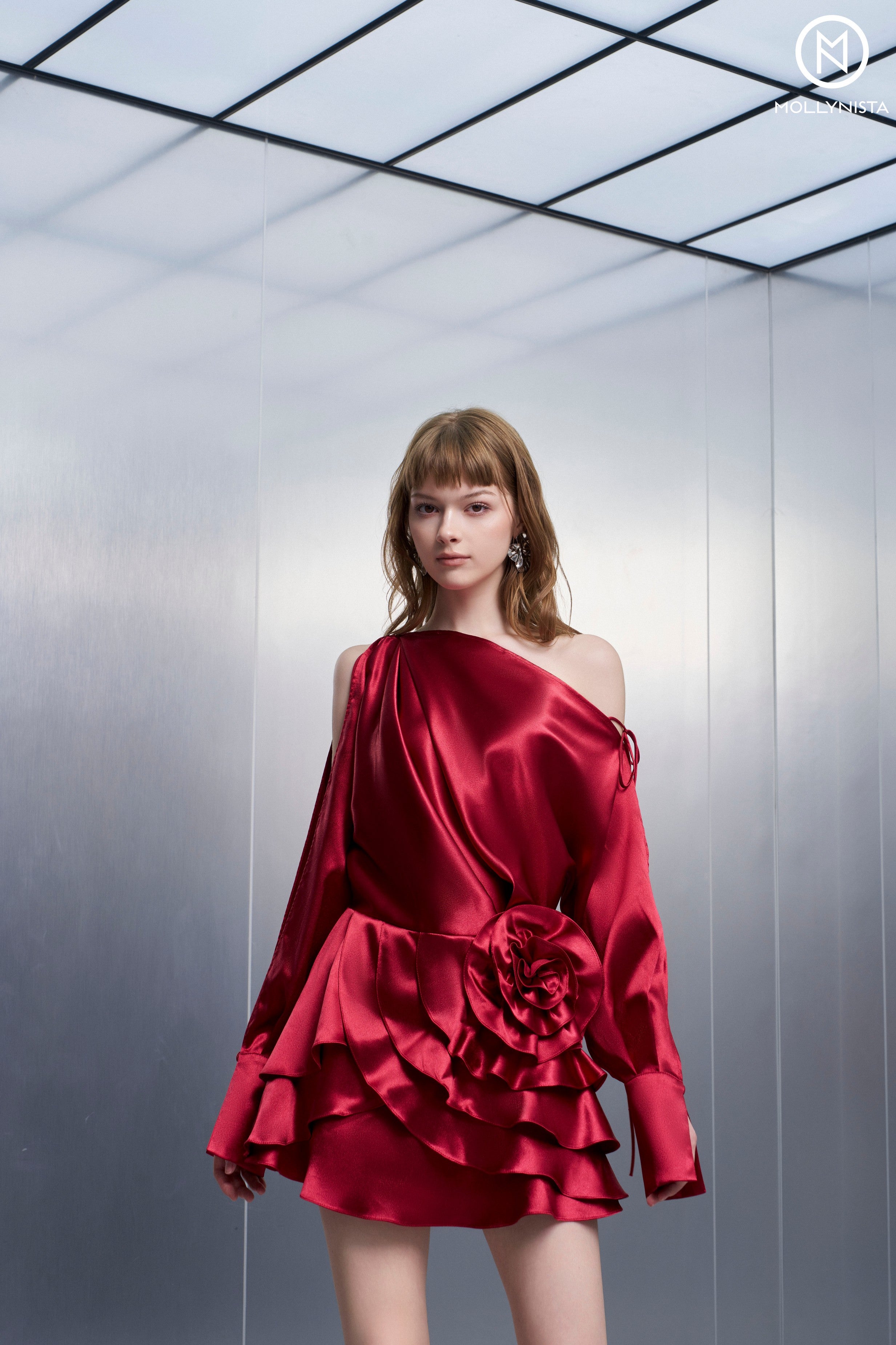 Red Slit-Sleeve Silk Dress