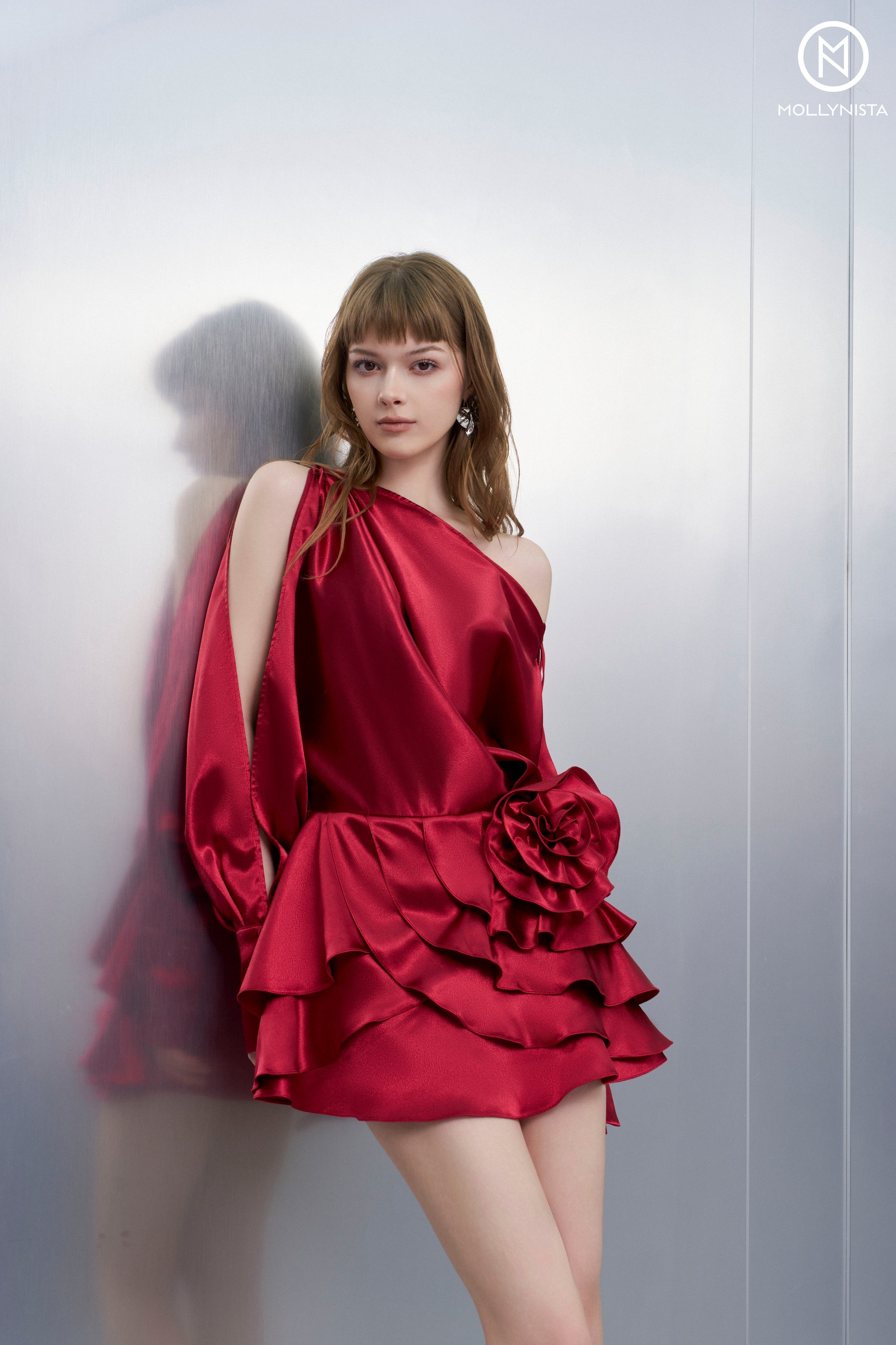 Red Slit-Sleeve Silk Dress
