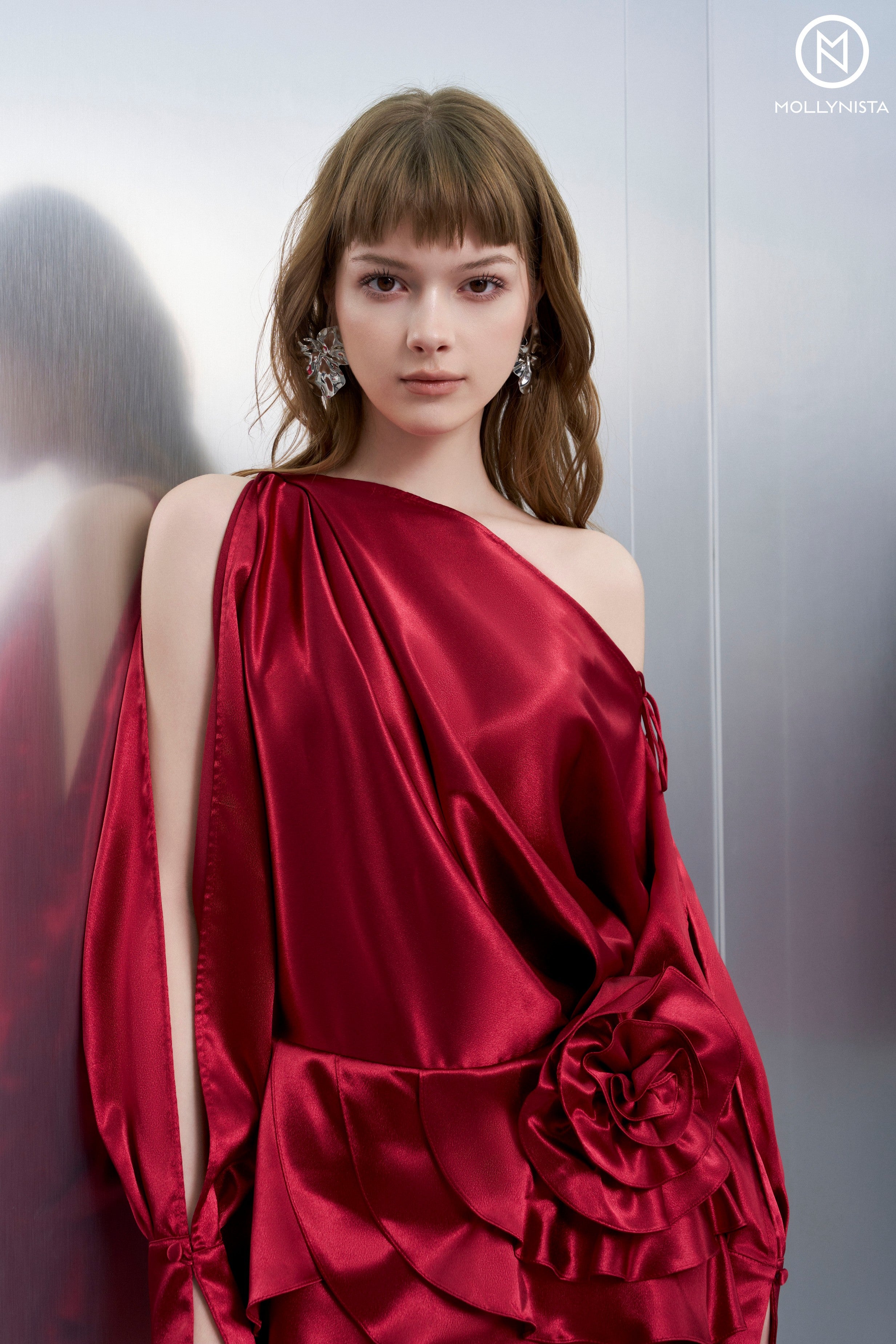 Red Slit-Sleeve Silk Dress