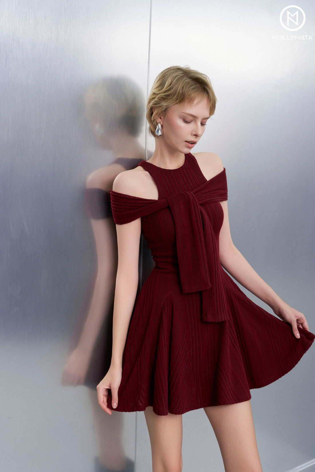 Striped Tie-Shoulder Knit Dress