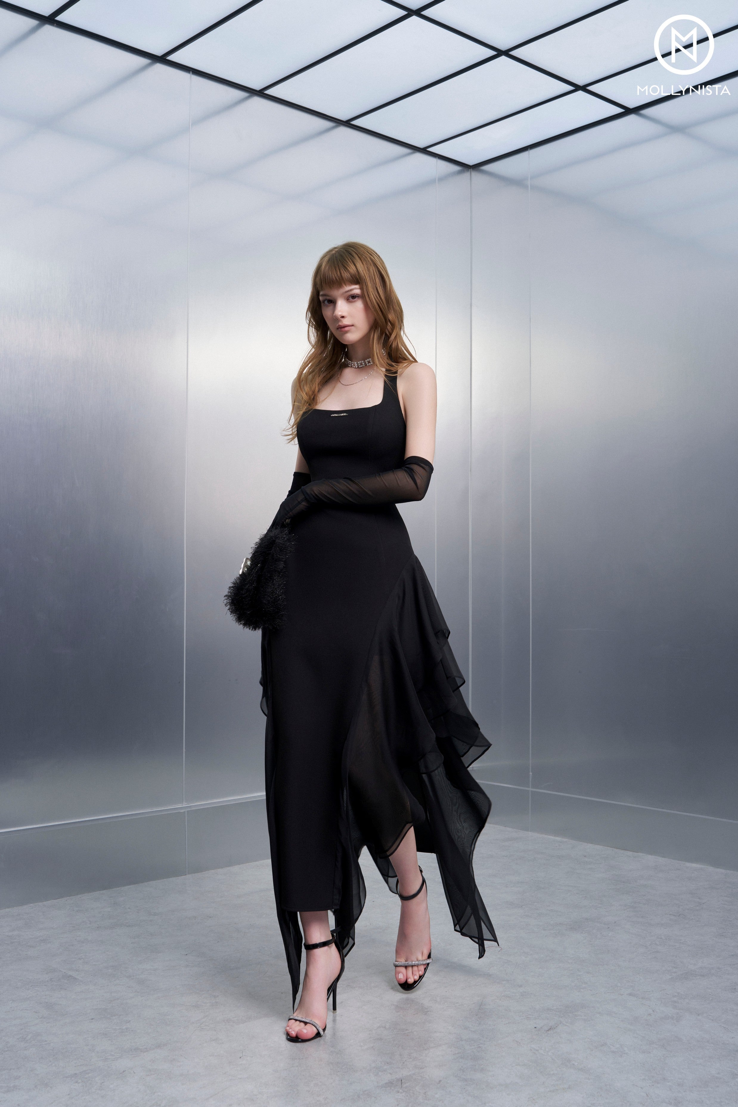 Black Square-Neck Chiffon Dress