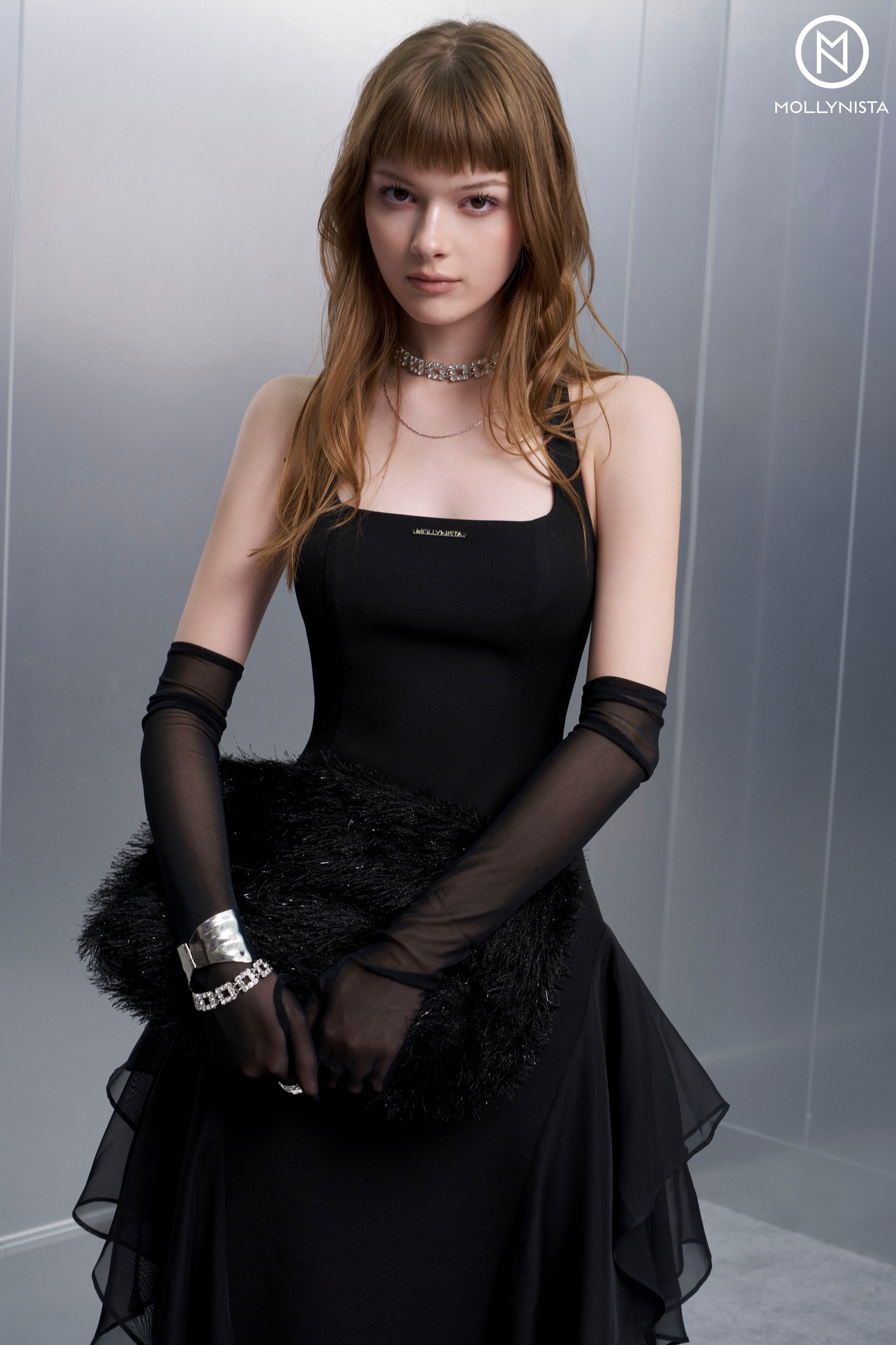 Black Square-Neck Chiffon Dress