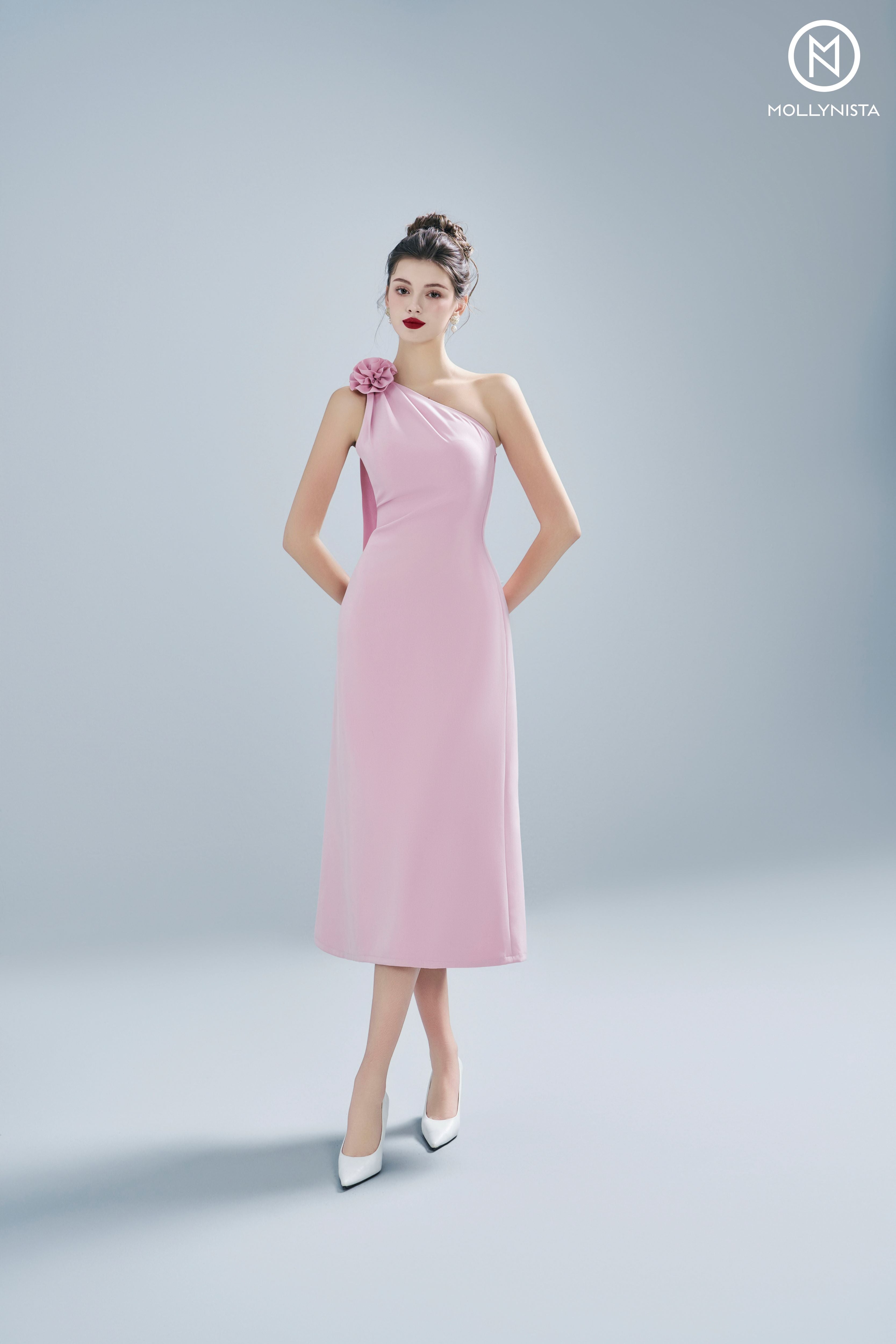 Pink Floral One-Shoulder Dress