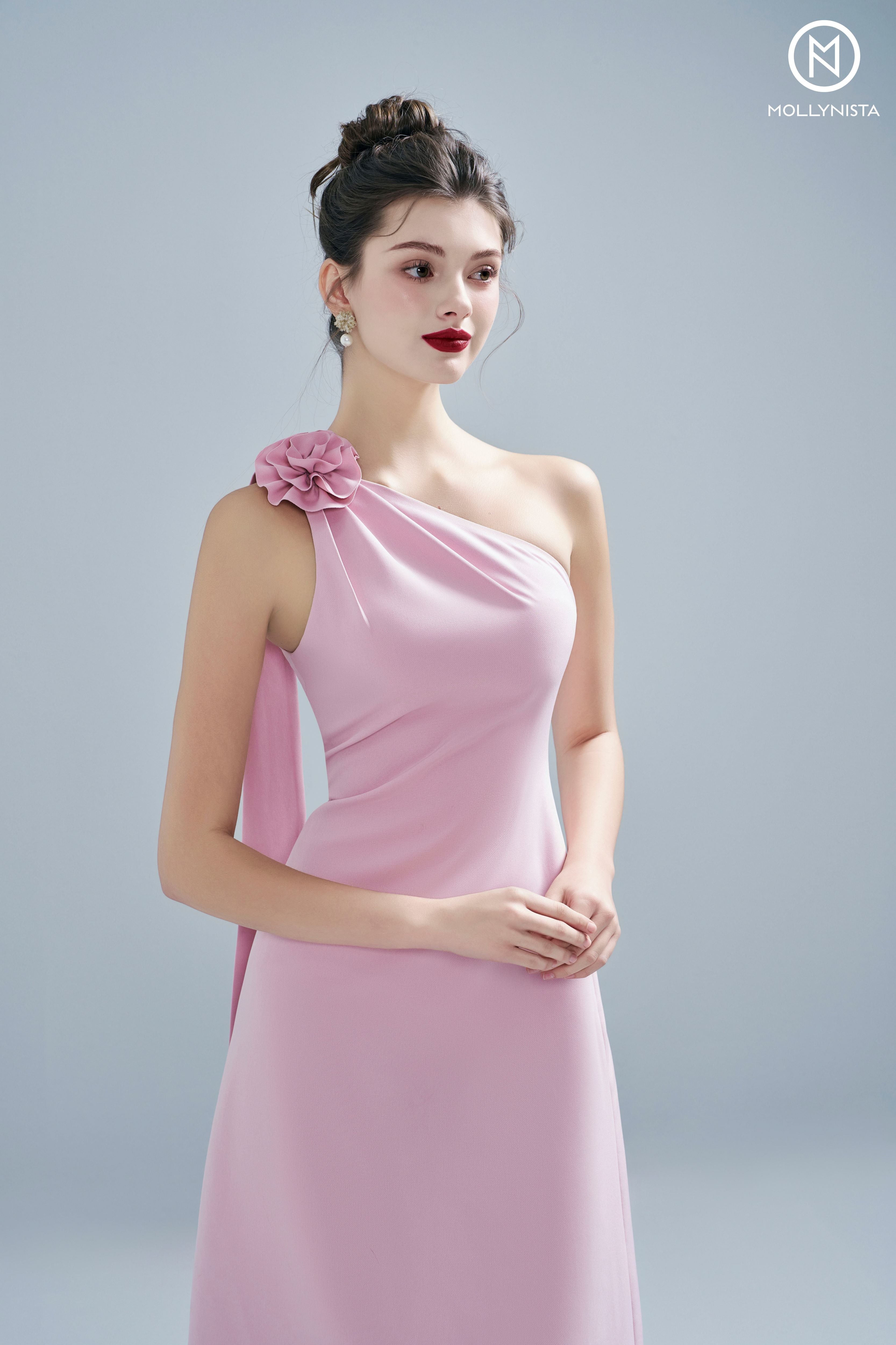 Pink Floral One-Shoulder Dress