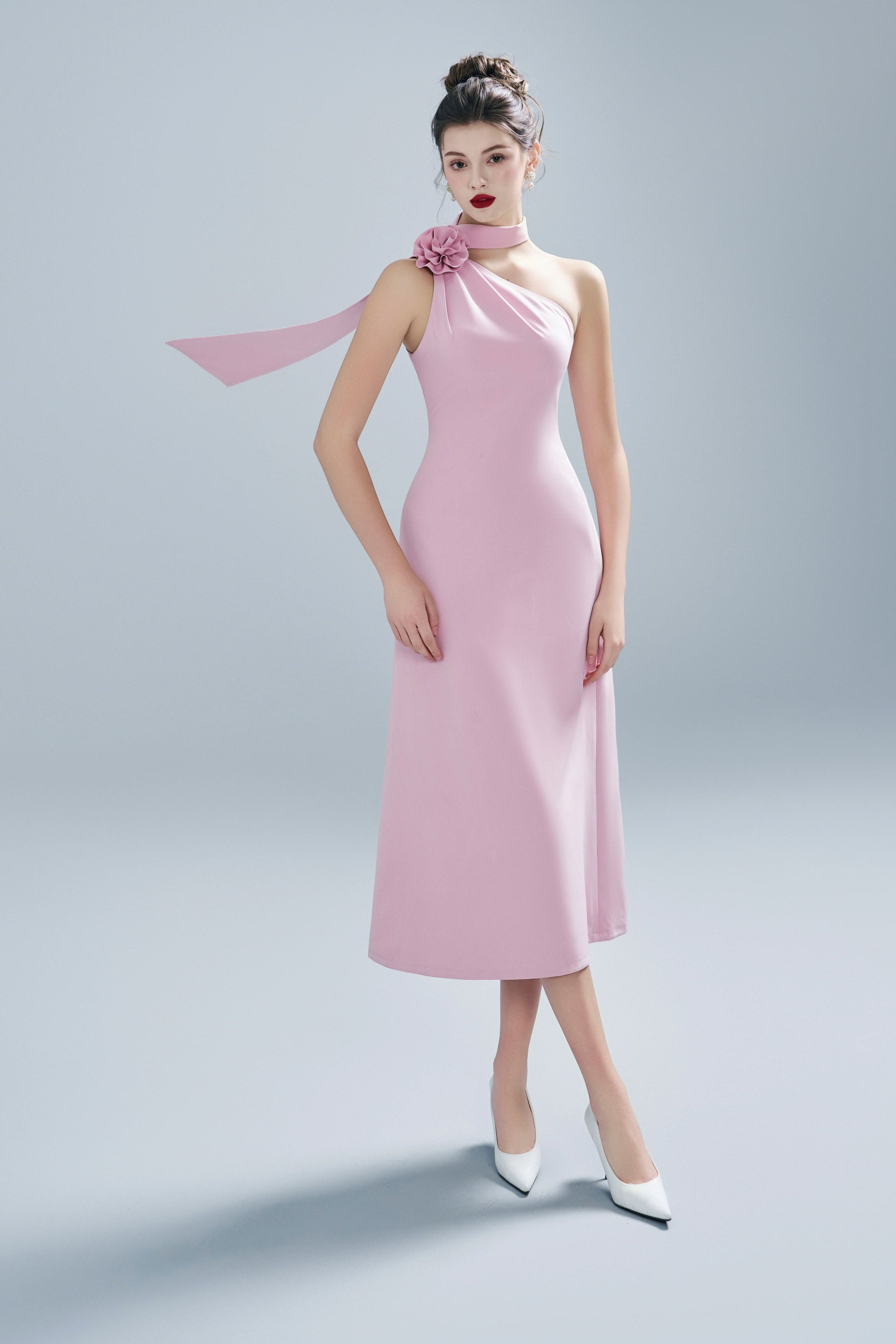 Pink Floral One-Shoulder Dress