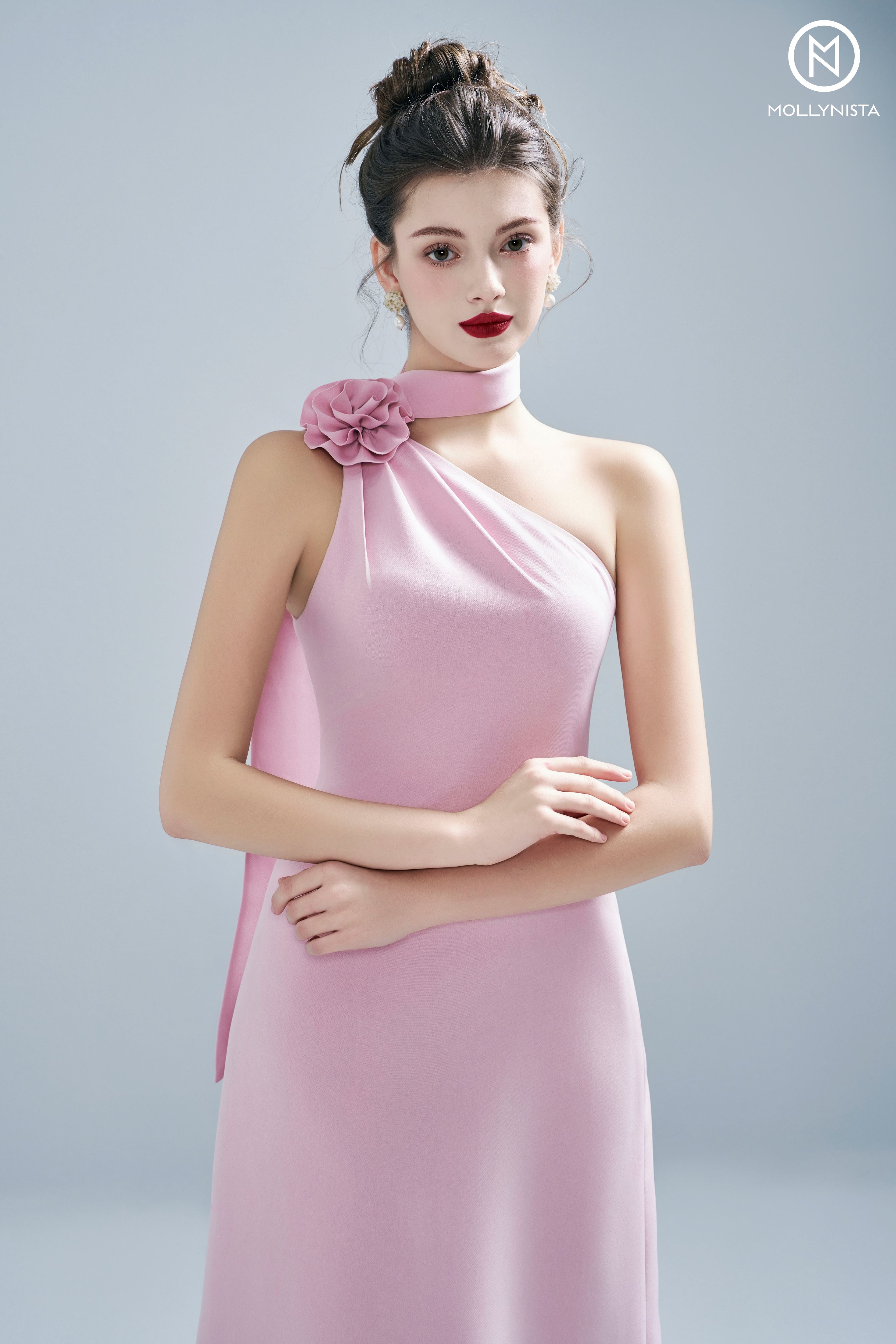 Pink Floral One-Shoulder Dress