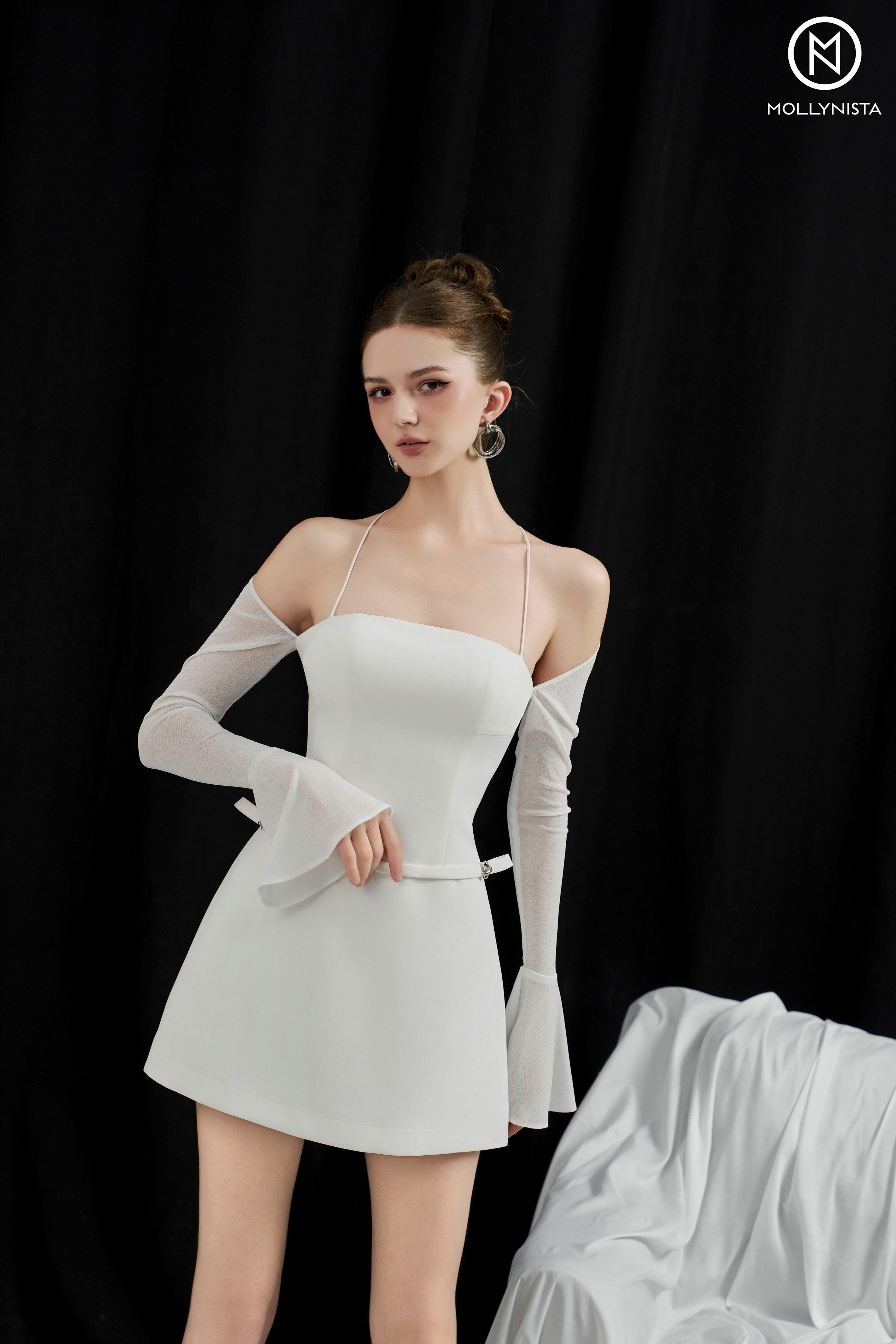 Silver Button Flare Sleeve Dress