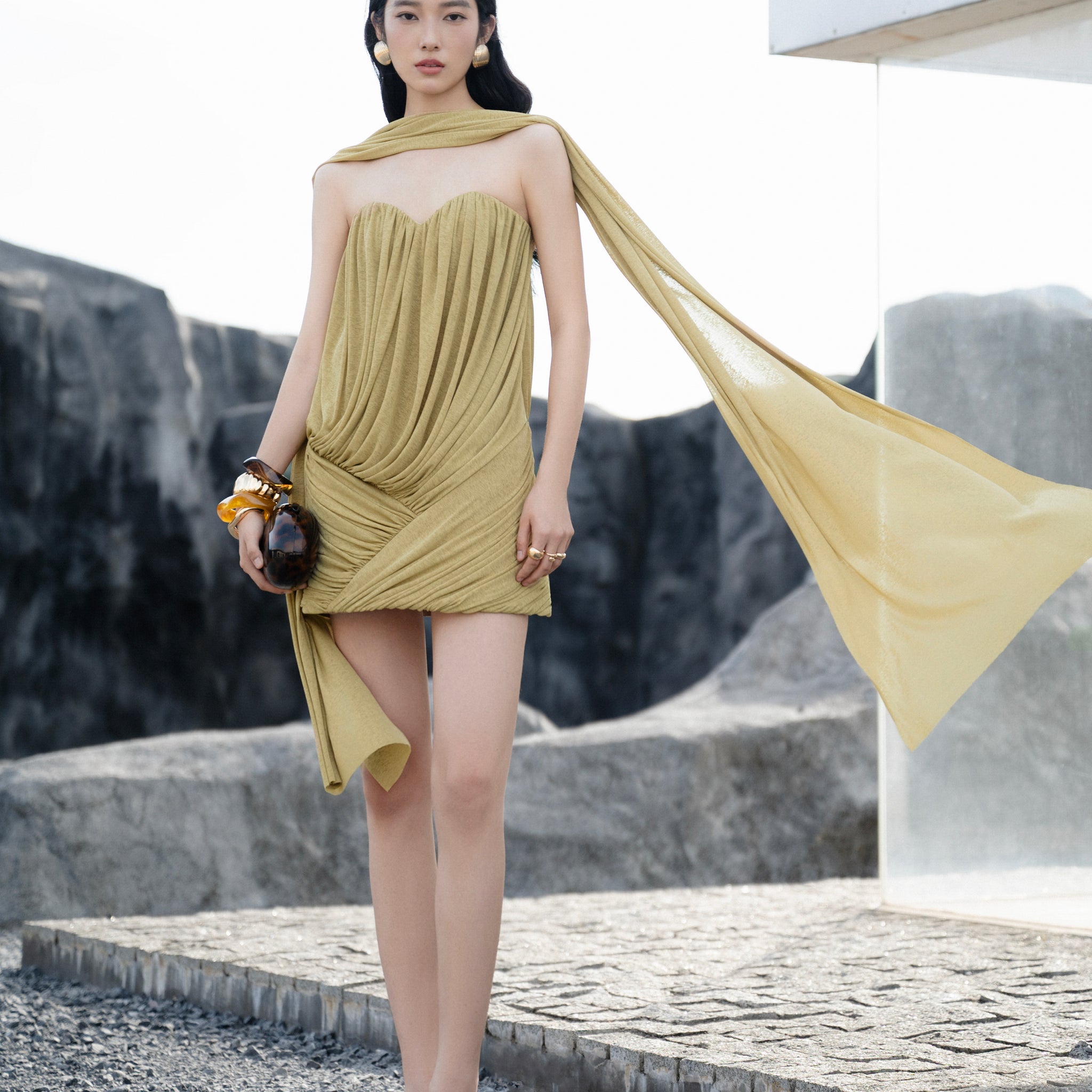 Pomelo Olive Strapless Ruched Mushroom Dress