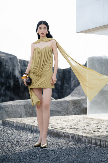 Pomelo Olive Strapless Ruched Mushroom Dress
