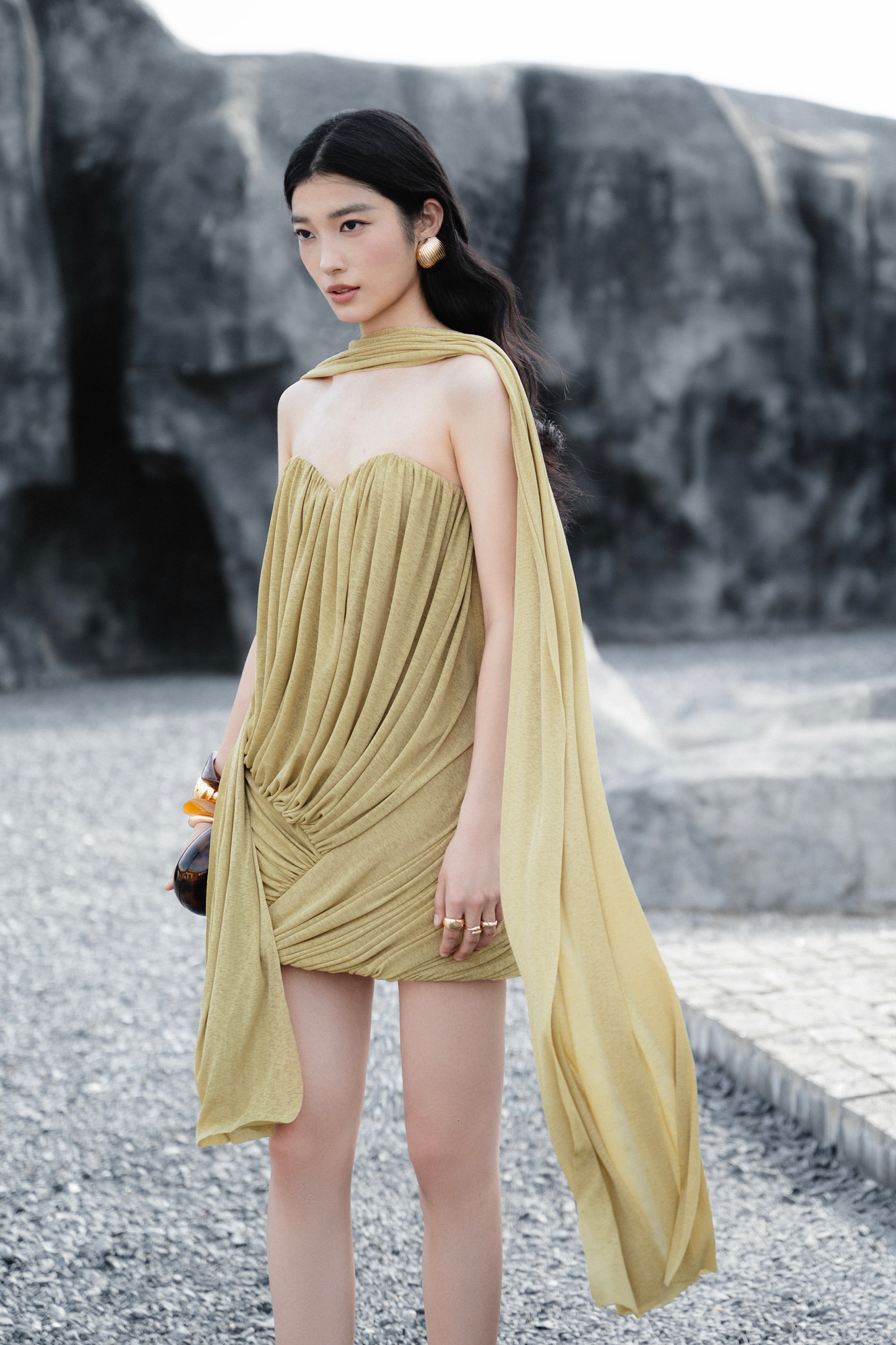 Pomelo Olive Strapless Ruched Mushroom Dress