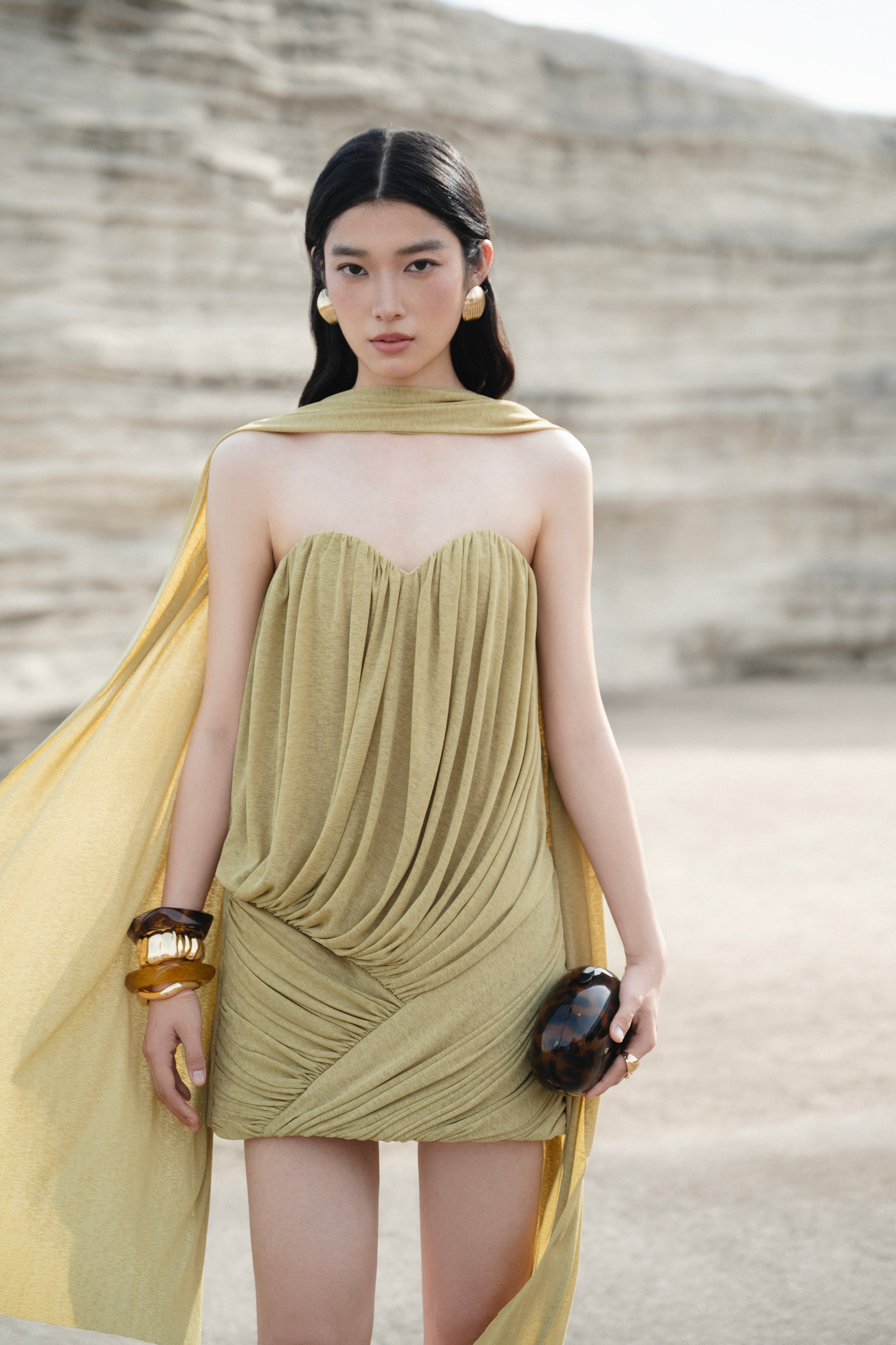 Pomelo Olive Strapless Ruched Mushroom Dress