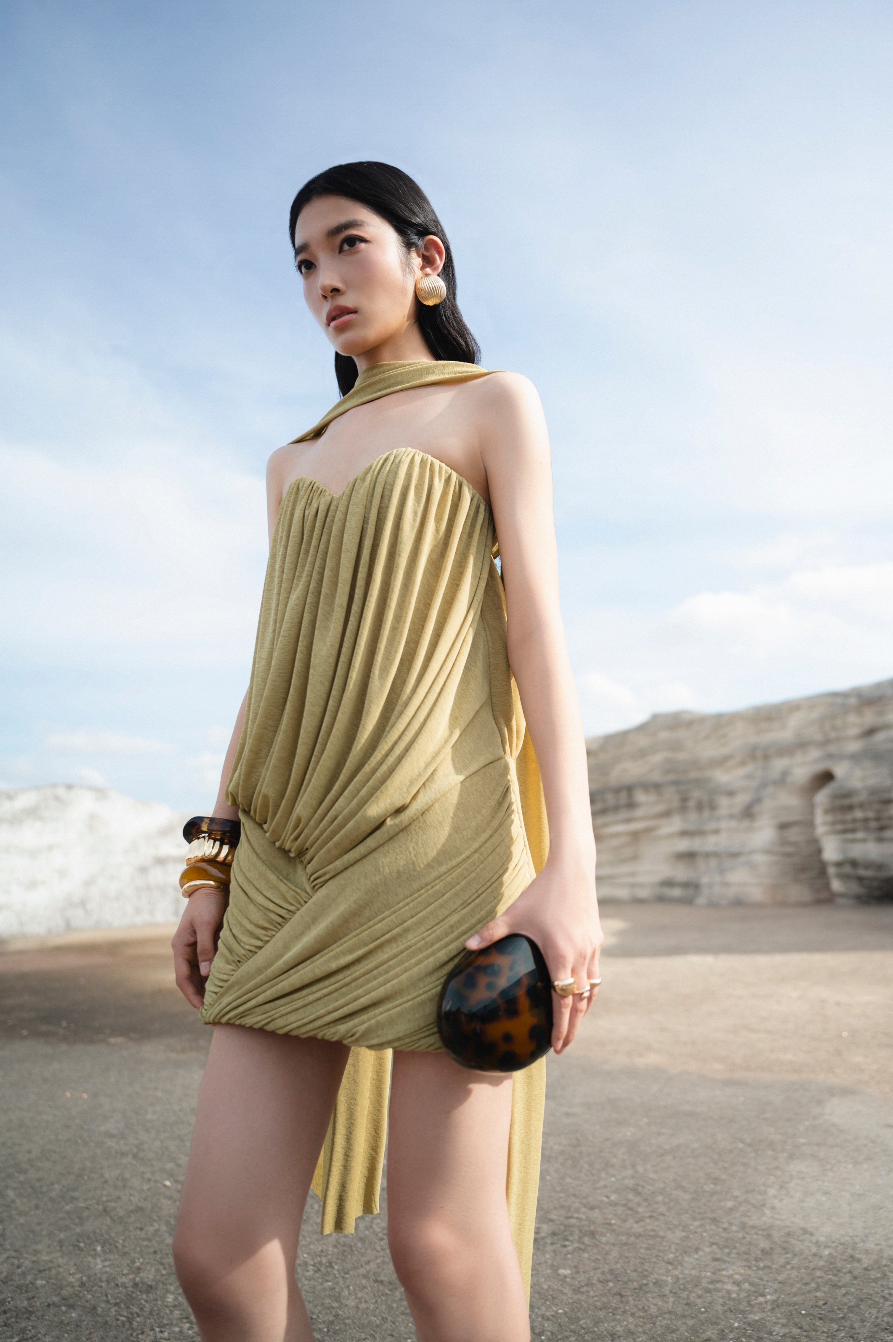 Pomelo Olive Strapless Ruched Mushroom Dress