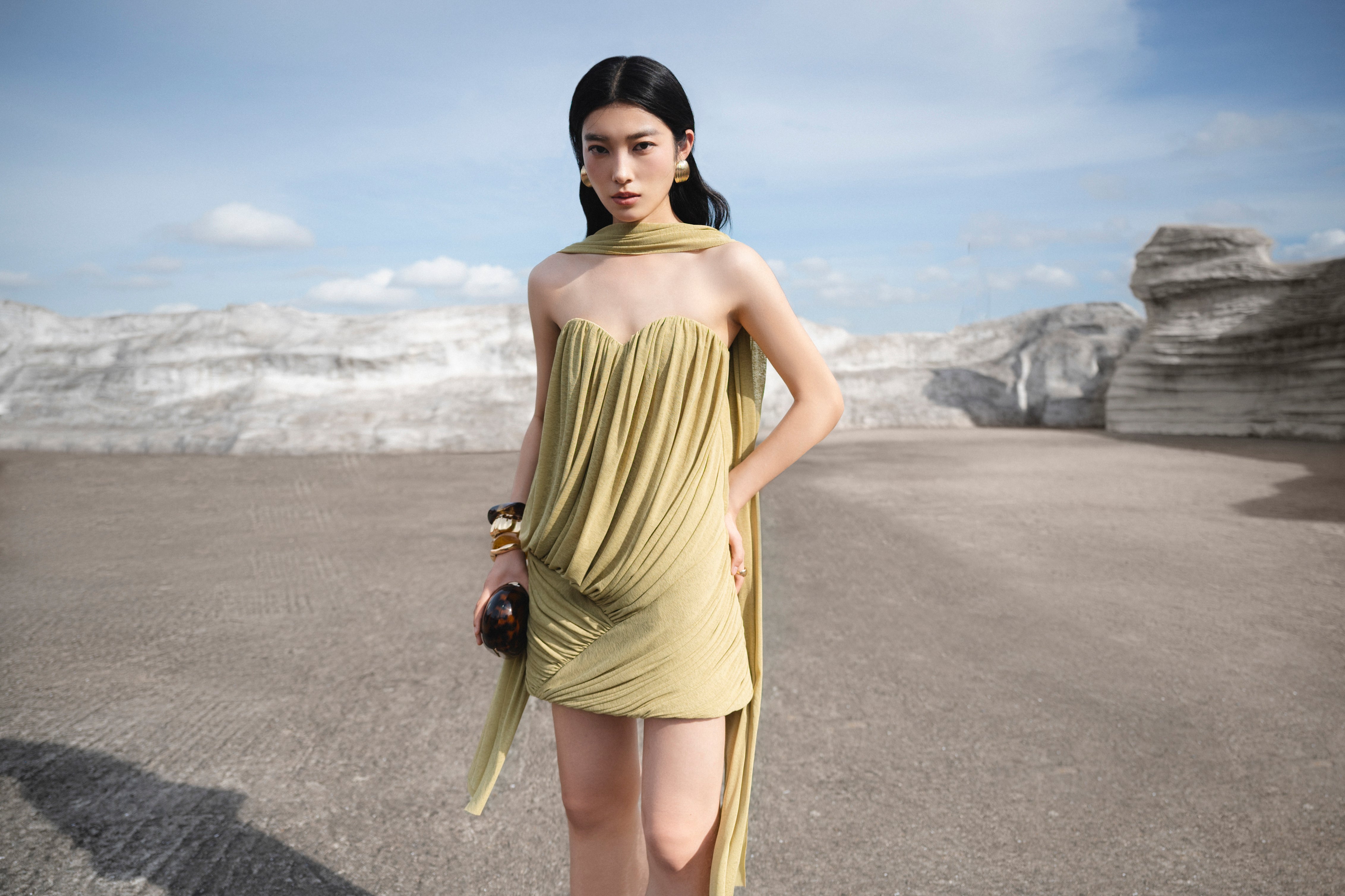Pomelo Olive Strapless Ruched Mushroom Dress
