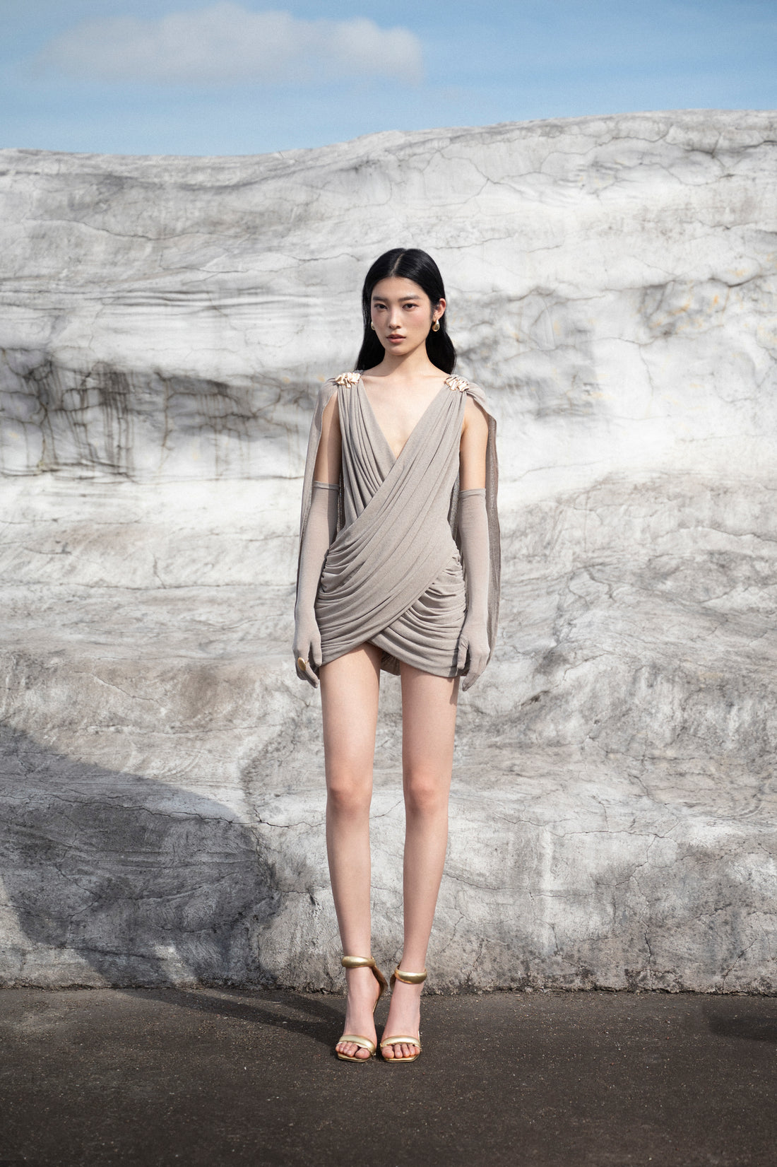 Grey Draped Cape Sleeve Dress
