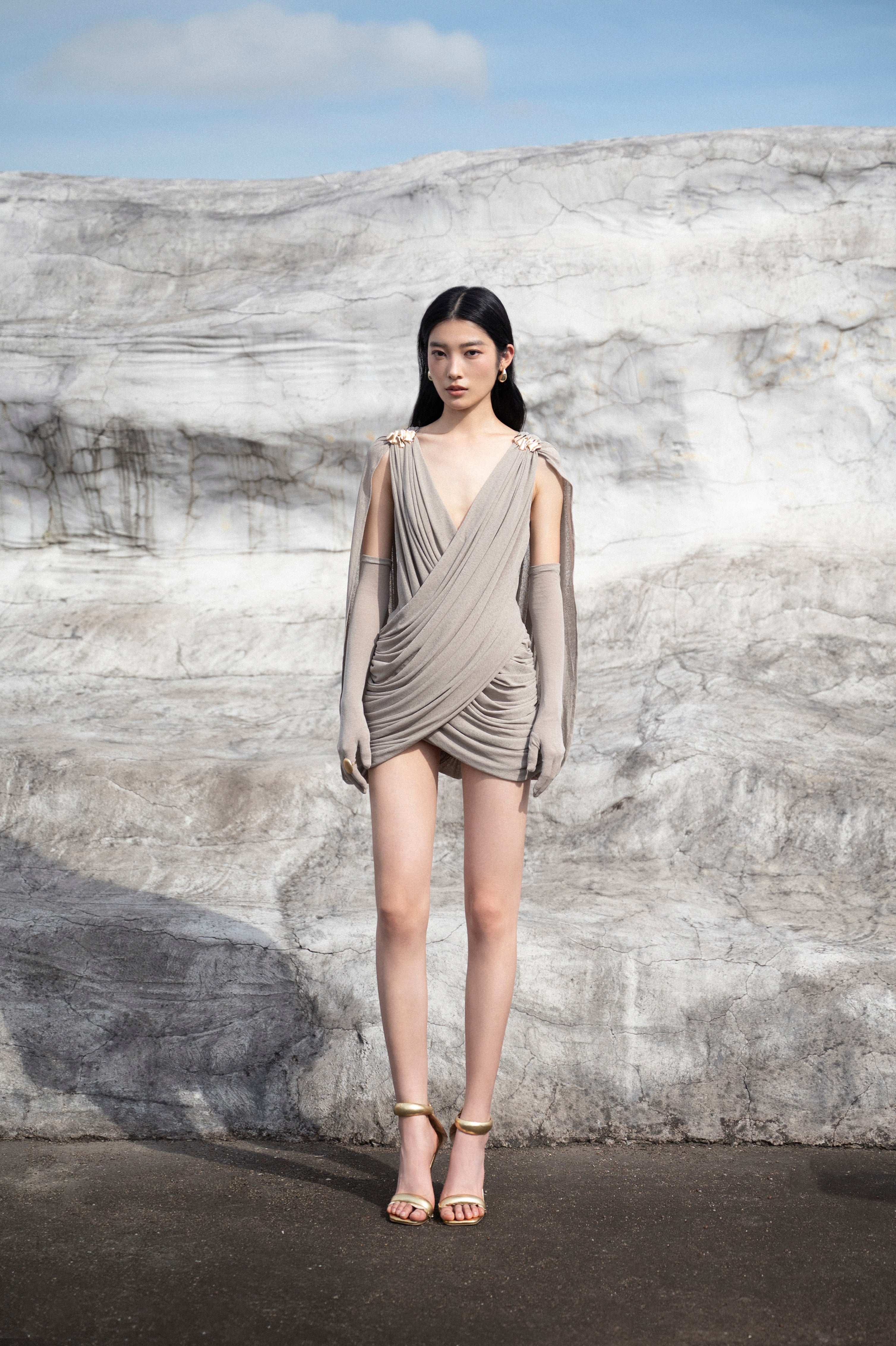 Grey Draped Cape Sleeve Dress