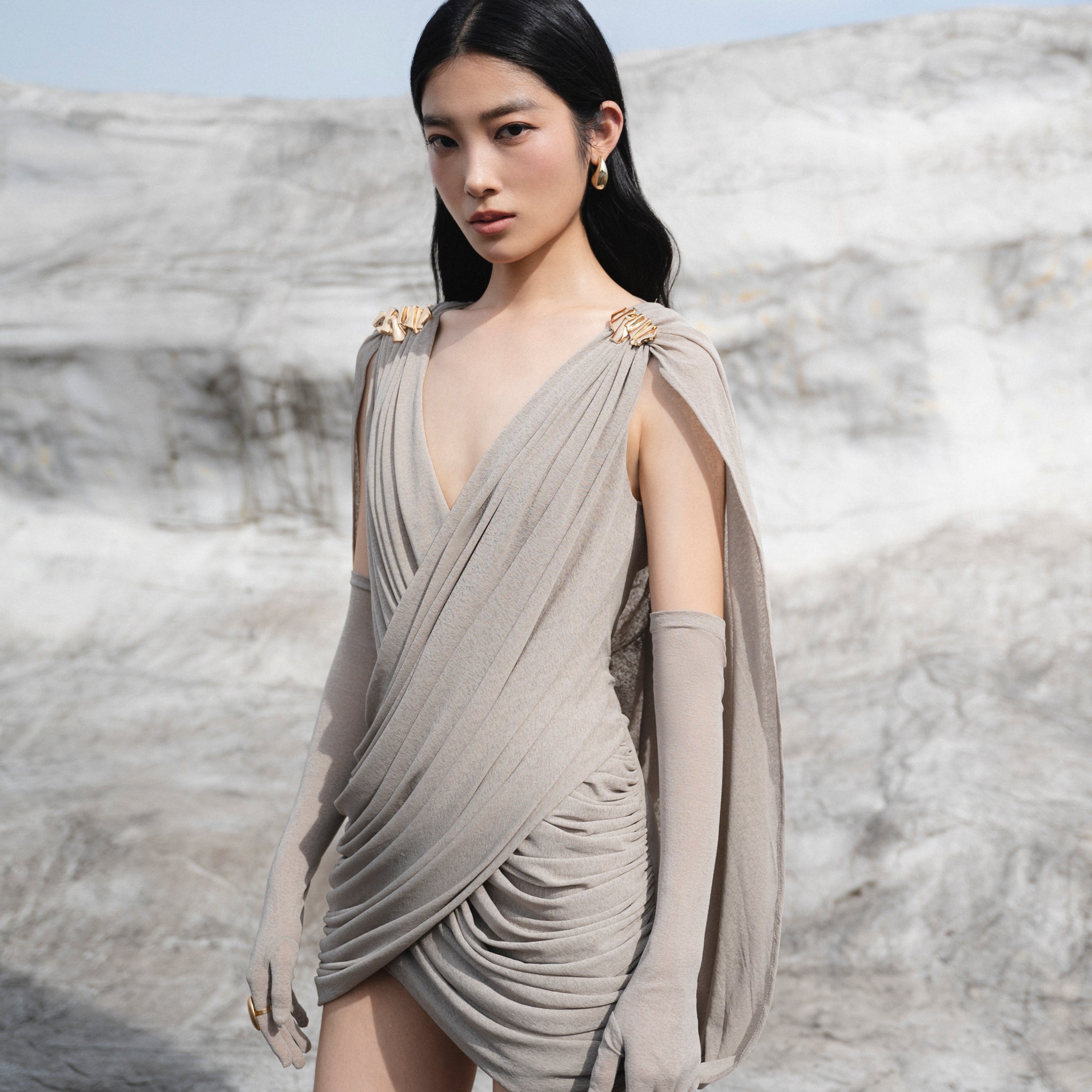 Grey Draped Cape Sleeve Dress