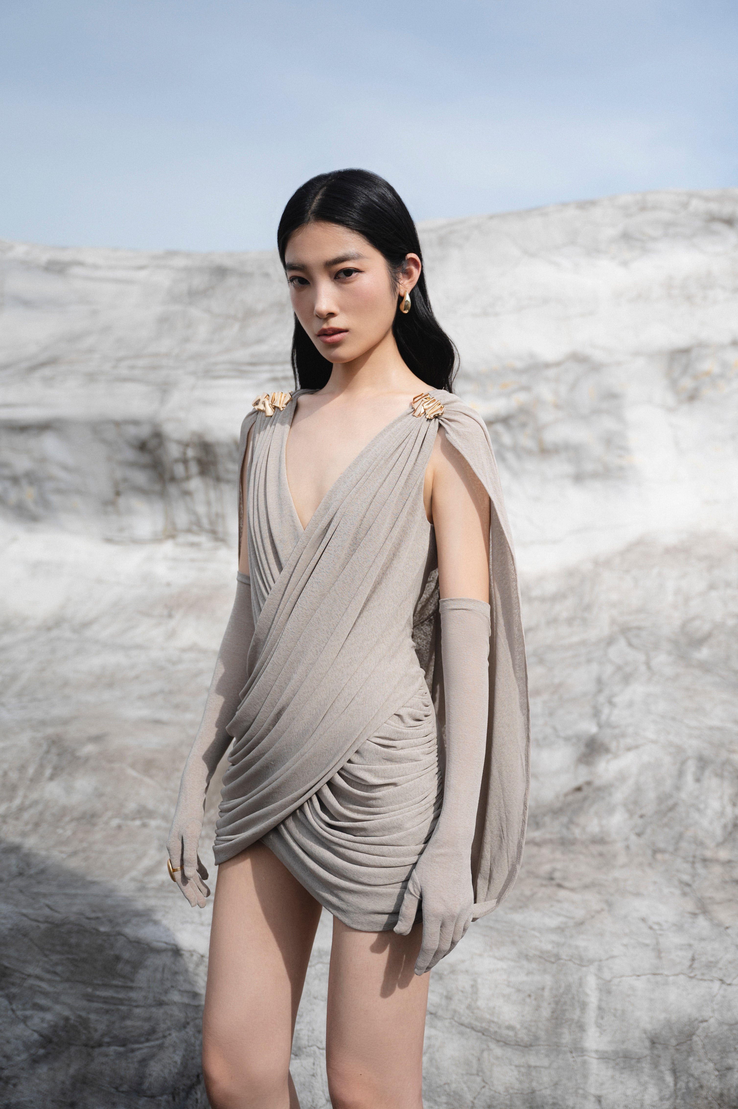 Grey Draped Cape Sleeve Dress