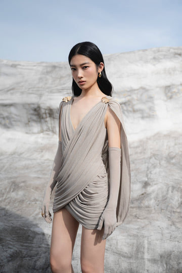 Grey Draped Cape Sleeve Dress